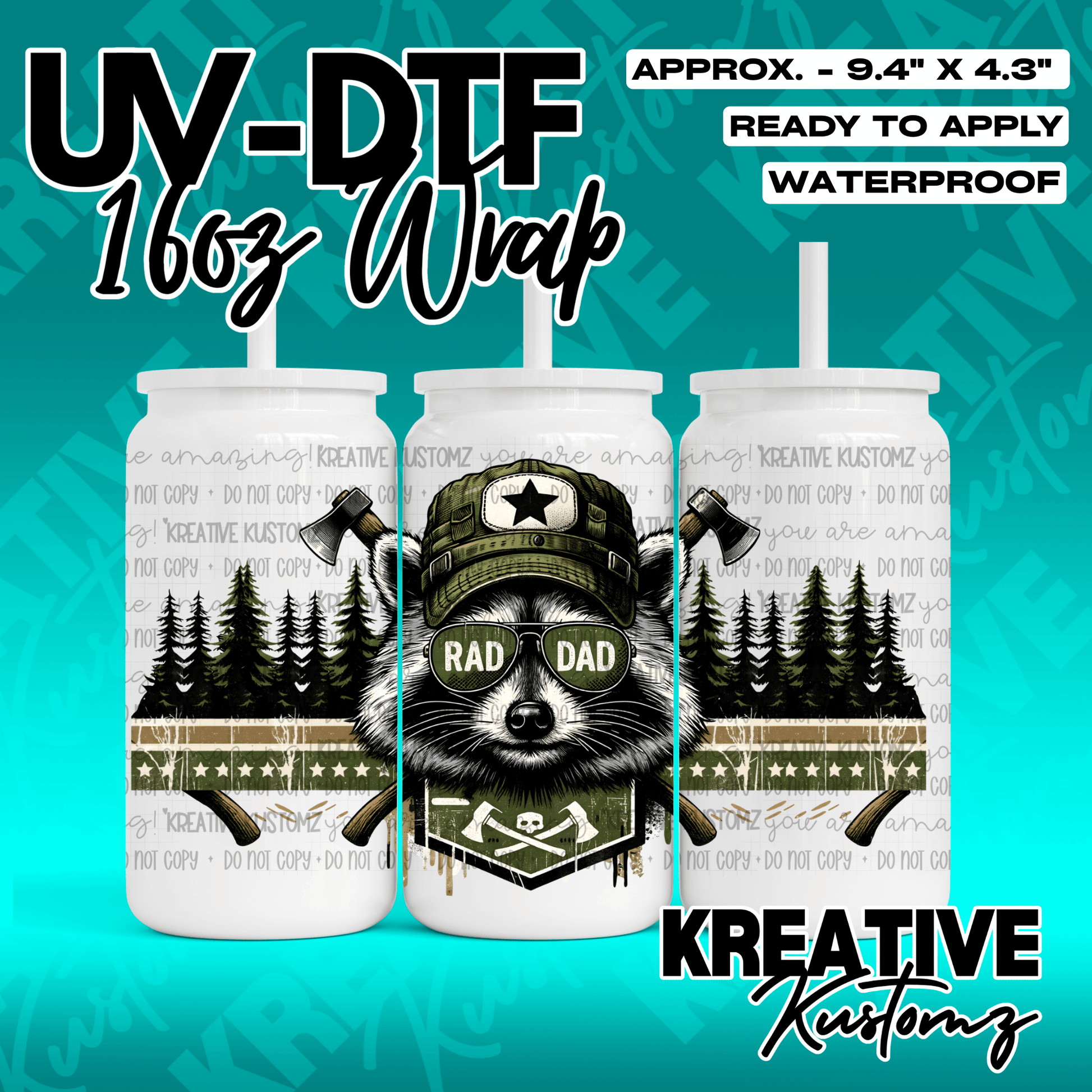 A UV DTF adhesive wrap for a 16oz glass can featuring a raccoon wearing sunglasses and a hat.