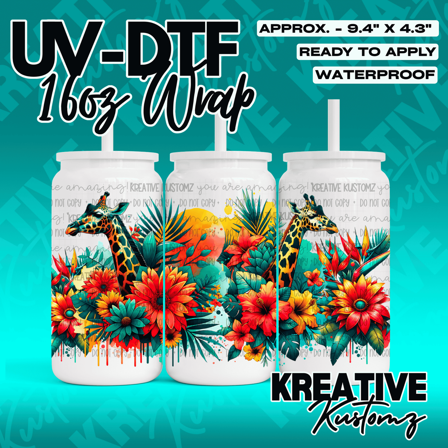 A UV DTF adhesive wrap for 16oz glass cans featuring a giraffe and tropical floral design.
