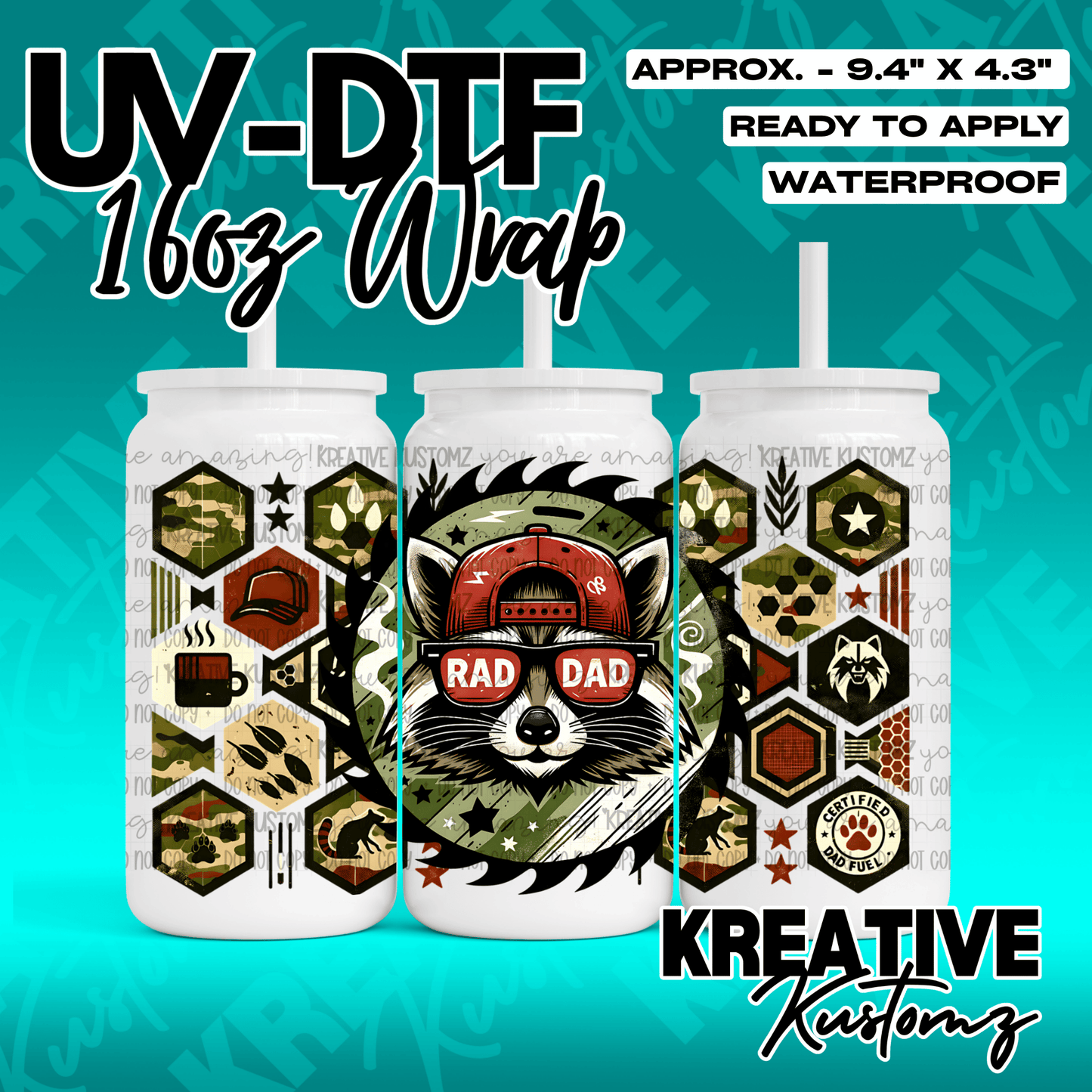A UV DTF adhesive wrap for a 16oz glass can featuring a raccoon wearing a cap and sunglasses.