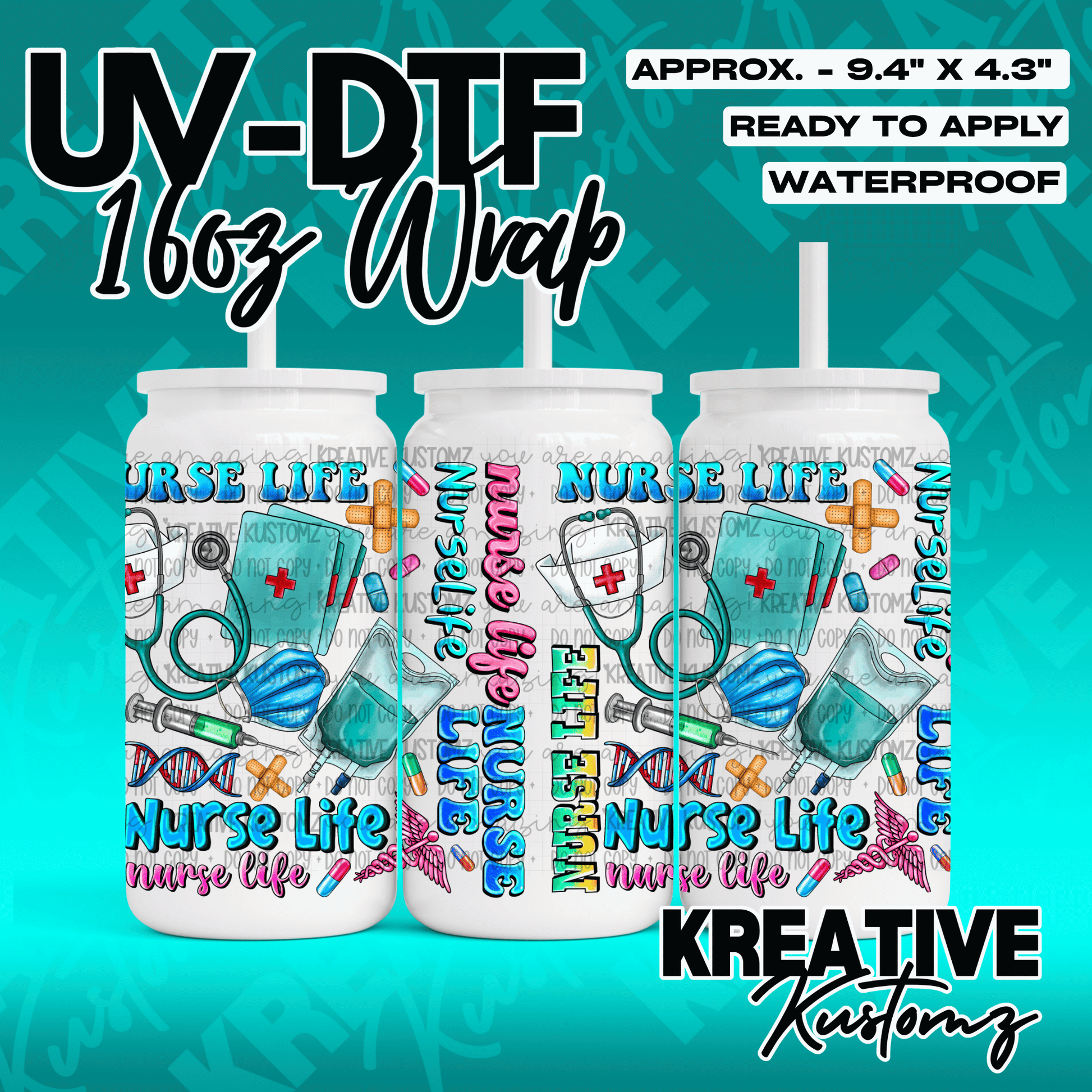 A nurse-themed UV DTF adhesive wrap for 16oz glass cans featuring medical icons and text.