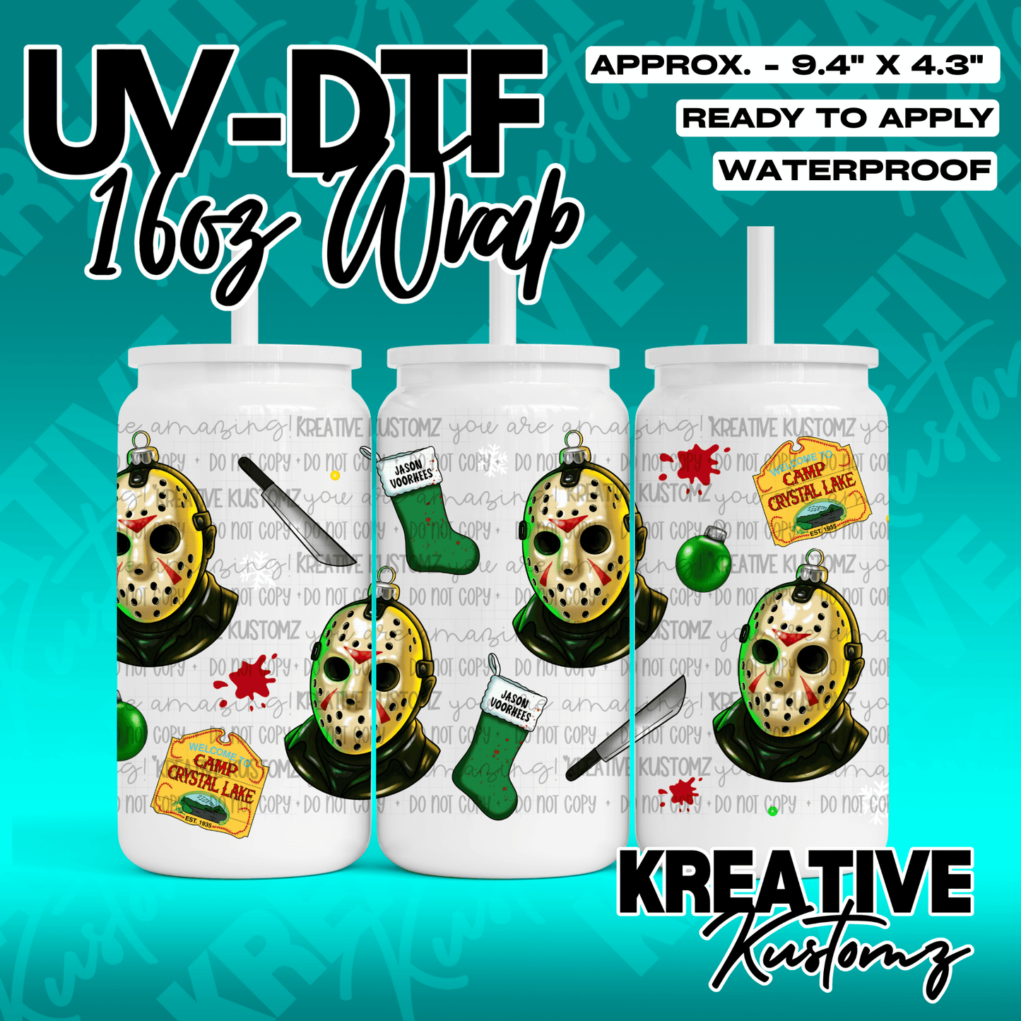 A Christmas-themed UV DTF wrap for a 16oz glass can featuring Jason Voorhees and holiday motifs.