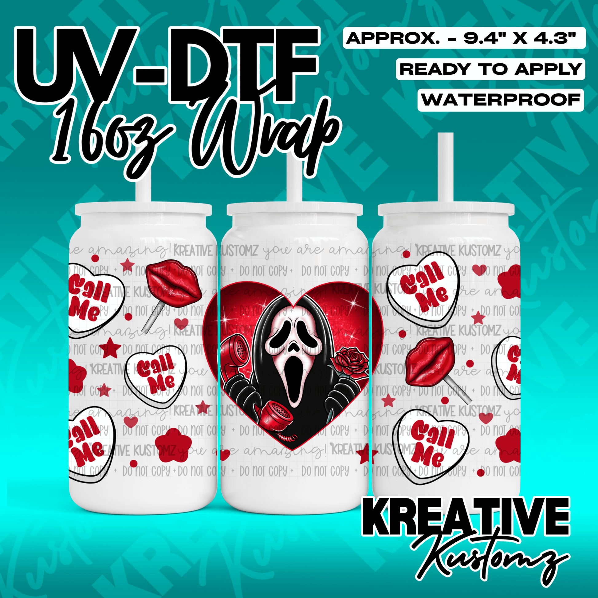 A UV DTF adhesive wrap for 16oz glass cans featuring a Ghostface heart design and candy hearts.