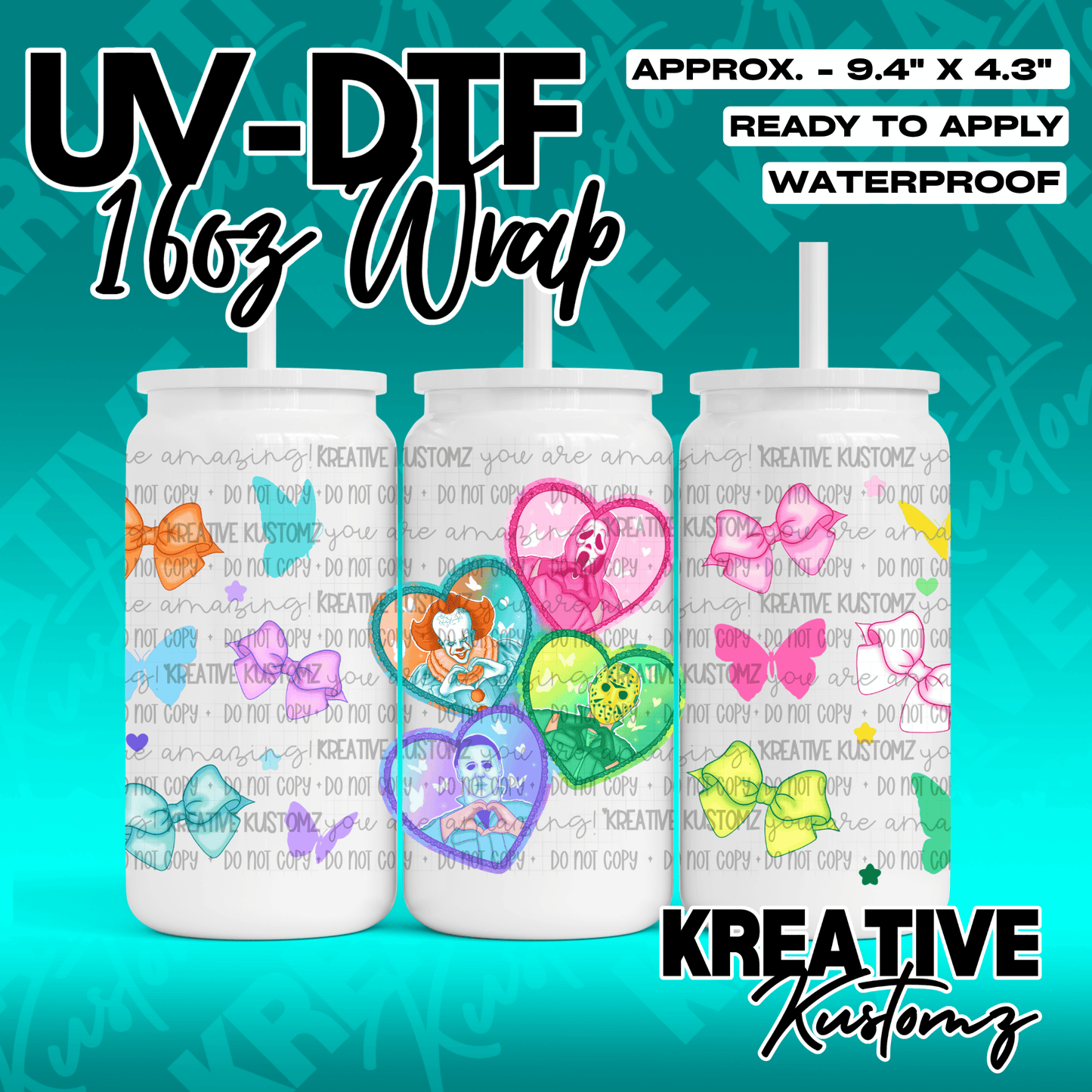 A UV DTF adhesive wrap for 16oz glass cans featuring horror characters in heart frames and bows.