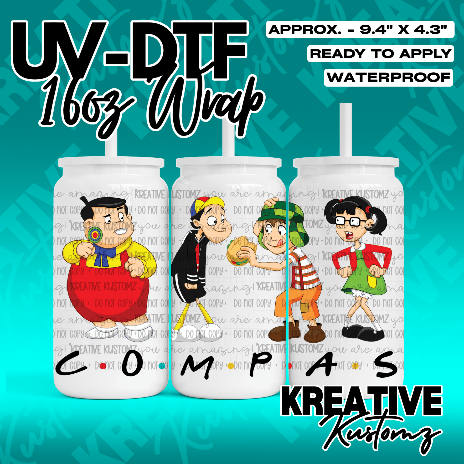 A UV DTF adhesive wrap for 16oz glass cans featuring characters from El Chavo del Ocho.