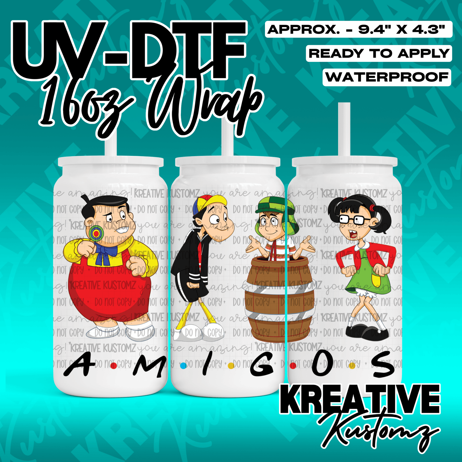 A UV DTF adhesive wrap for 16oz glass cans featuring cartoon characters and the word AMIGOS.