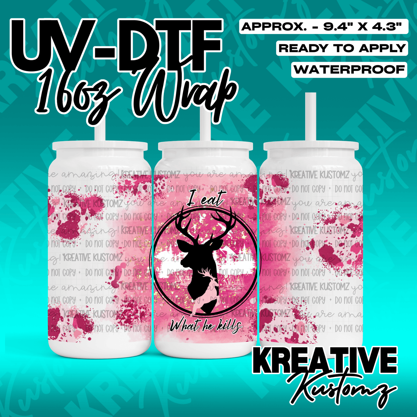 A pink and black deer-themed UV DTF adhesive wrap for a 16oz glass can.