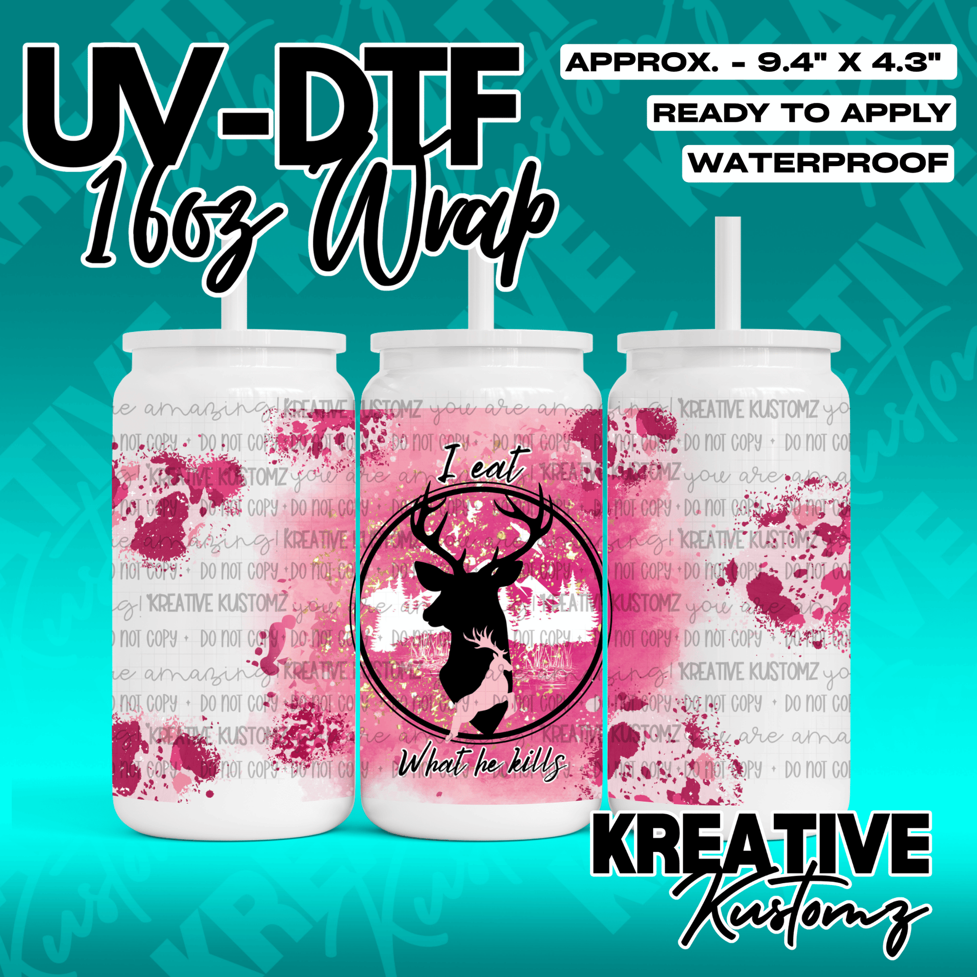 A pink and black deer-themed UV DTF adhesive wrap for a 16oz glass can.