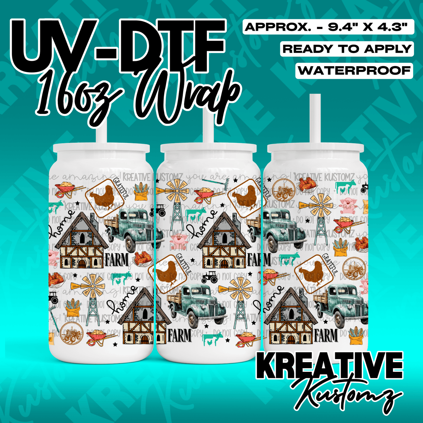 A farm-themed UV DTF adhesive wrap for 16oz glass cans featuring trucks, barns, and windmills.