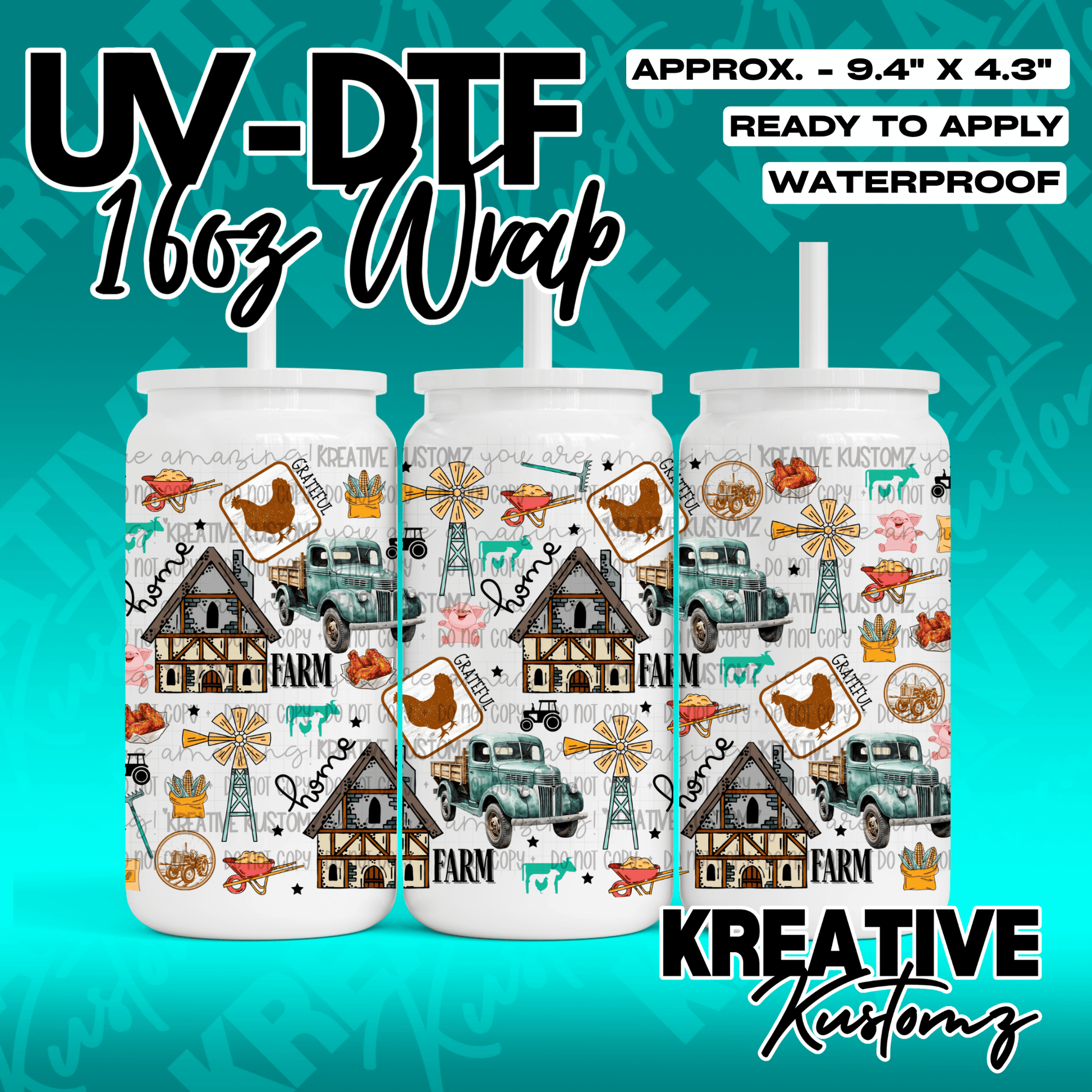 A farm-themed UV DTF adhesive wrap for 16oz glass cans featuring trucks, barns, and windmills.