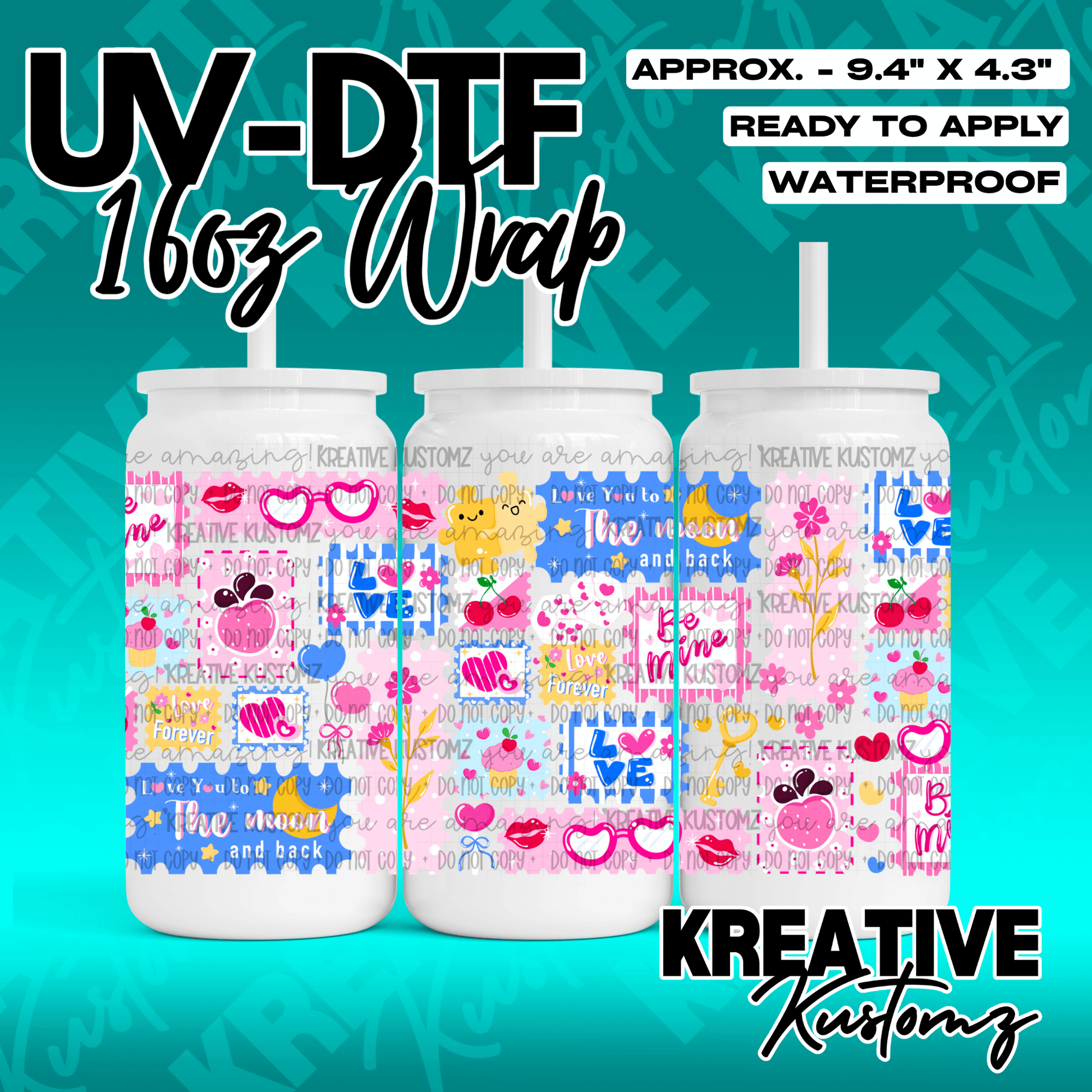 A colorful UV DTF wrap for a 16oz glass can featuring a pattern of love hearts and romantic icons.