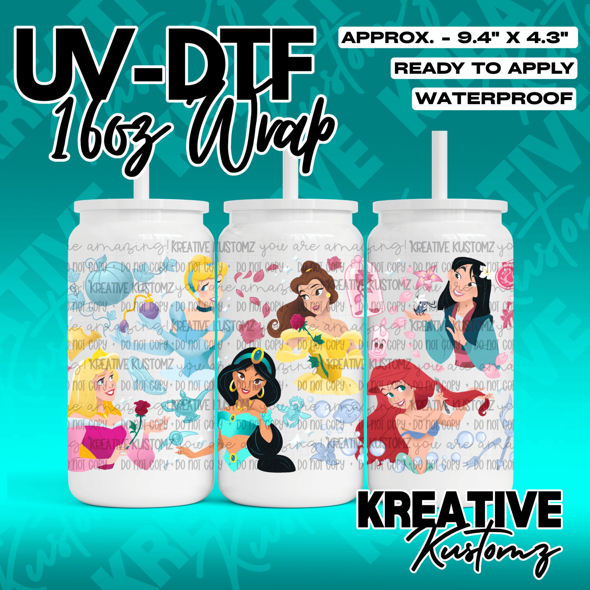 A floral UV DTF adhesive wrap for 16oz glass cans featuring various Disney princess characters.