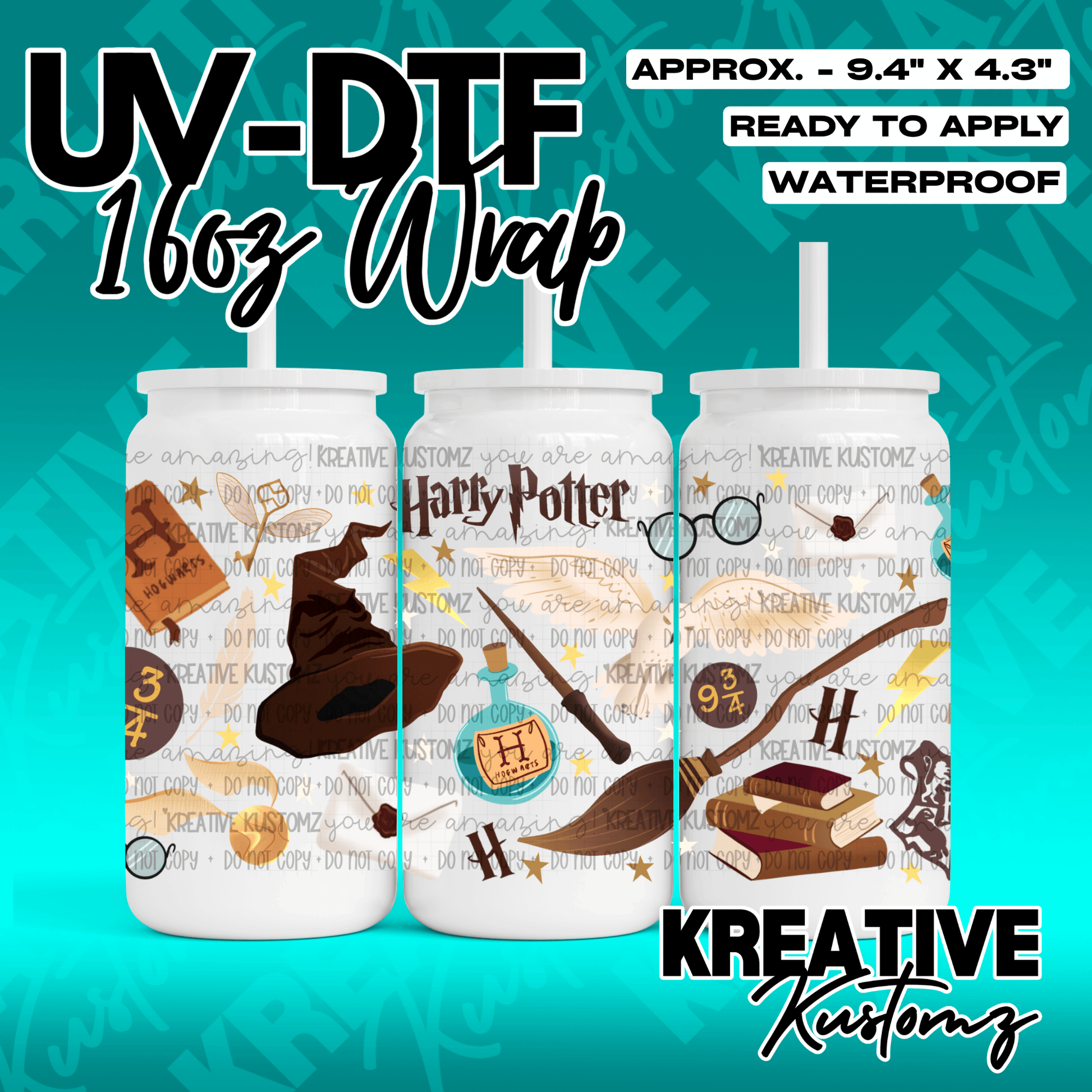 A Harry Potter themed UV DTF adhesive wrap for 16oz glass cans featuring magical icons.