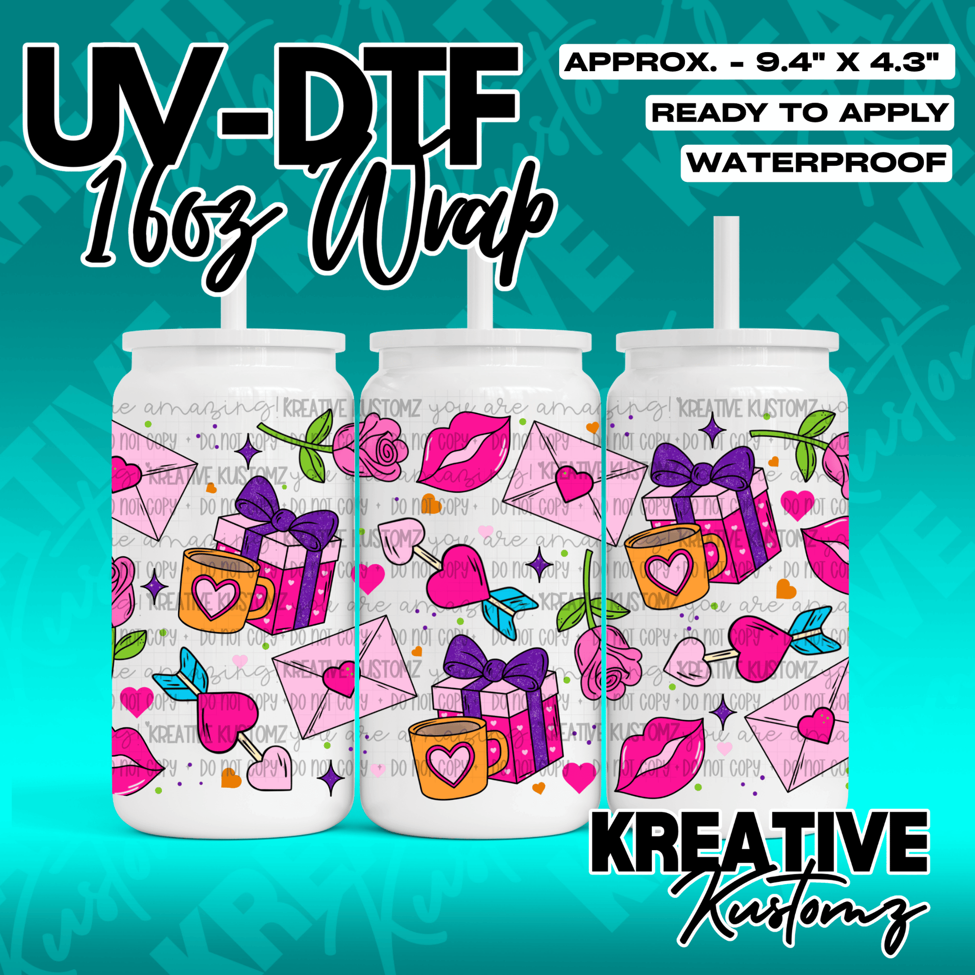 A Valentine themed UV DTF adhesive wrap for 16oz glass cans featuring hearts, gifts, and roses.