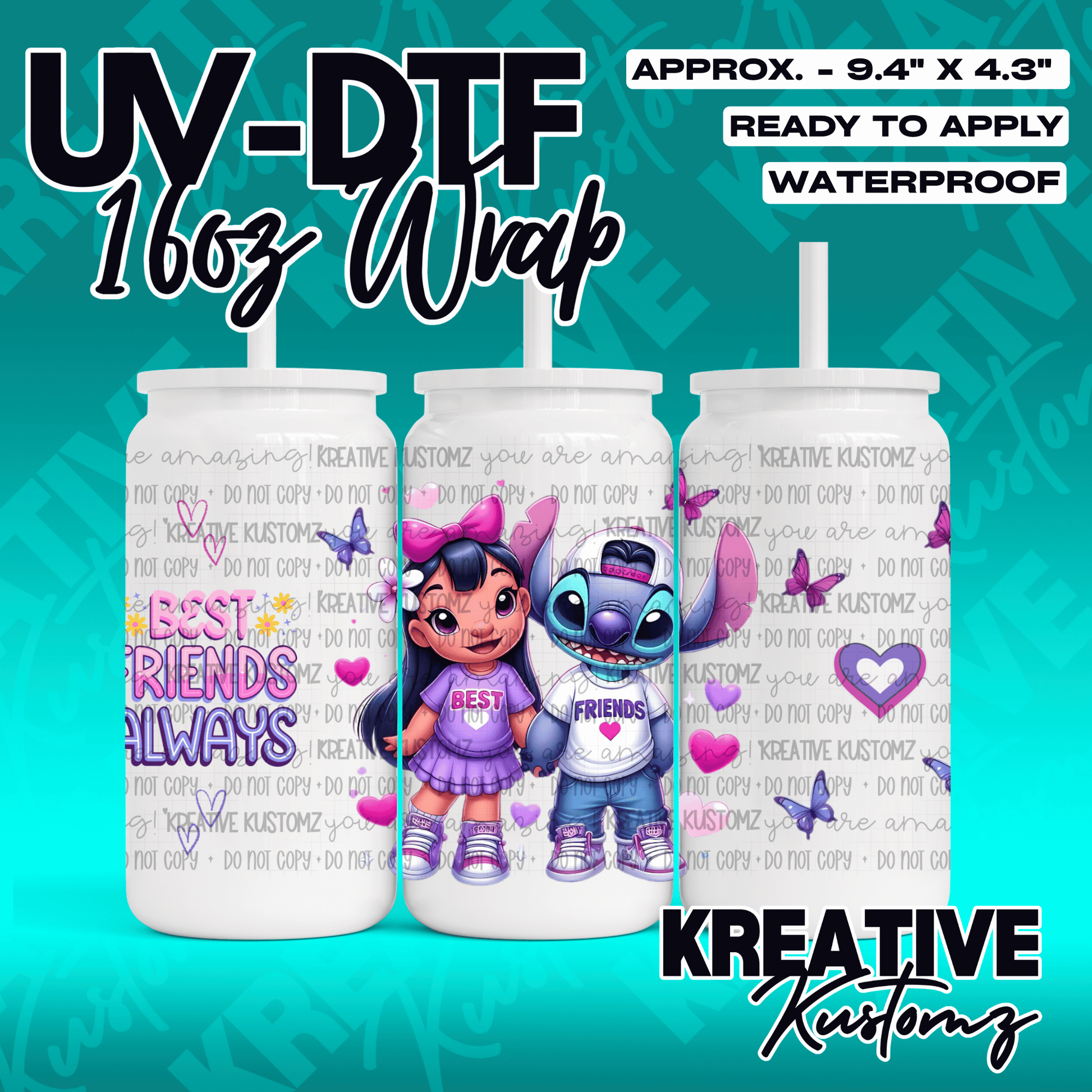 A UV DTF adhesive wrap for 16oz glass cans featuring Lilo and Stitch with hearts and butterflies.