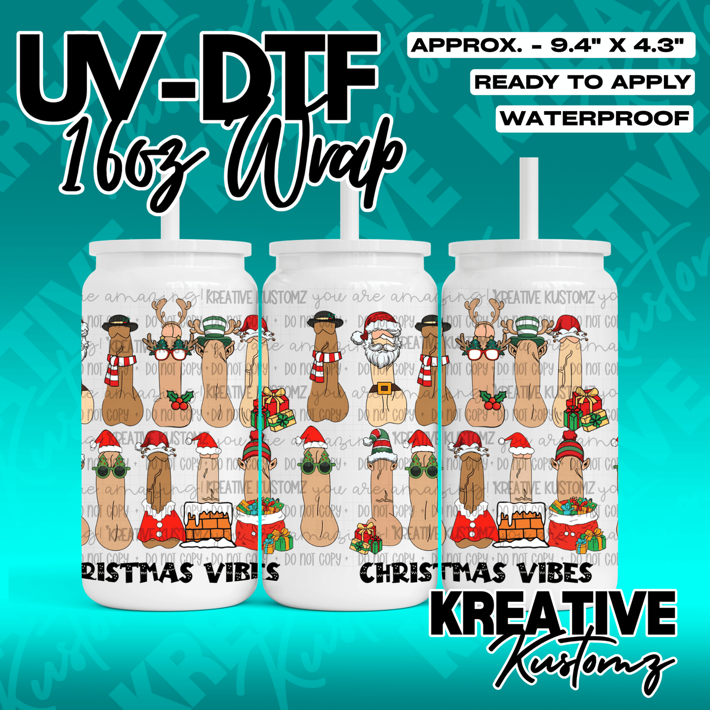 A festive Christmas themed UV DTF wrap for a 16oz glass can featuring cartoon character designs.