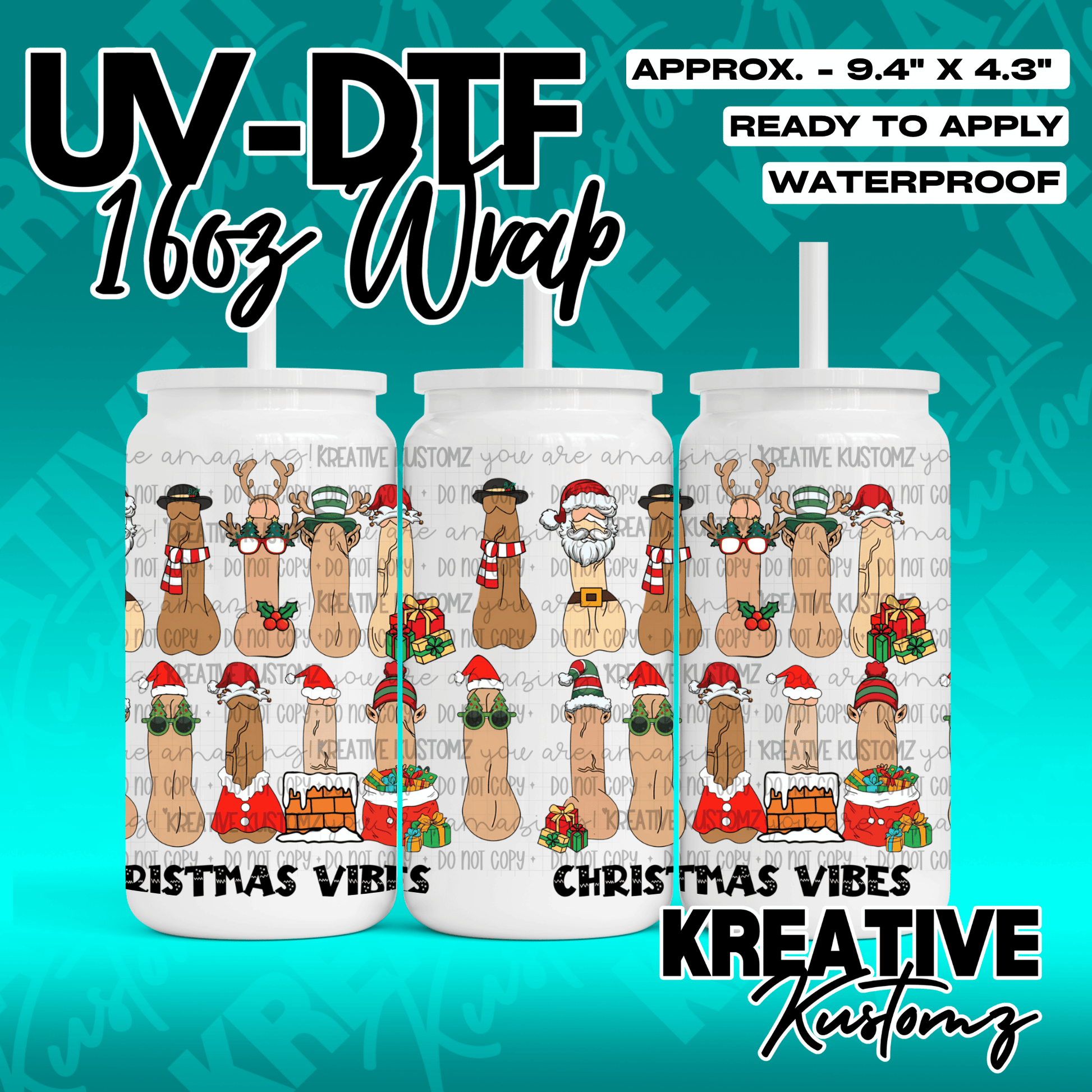 A festive Christmas themed UV DTF wrap for a 16oz glass can featuring cartoon character designs.