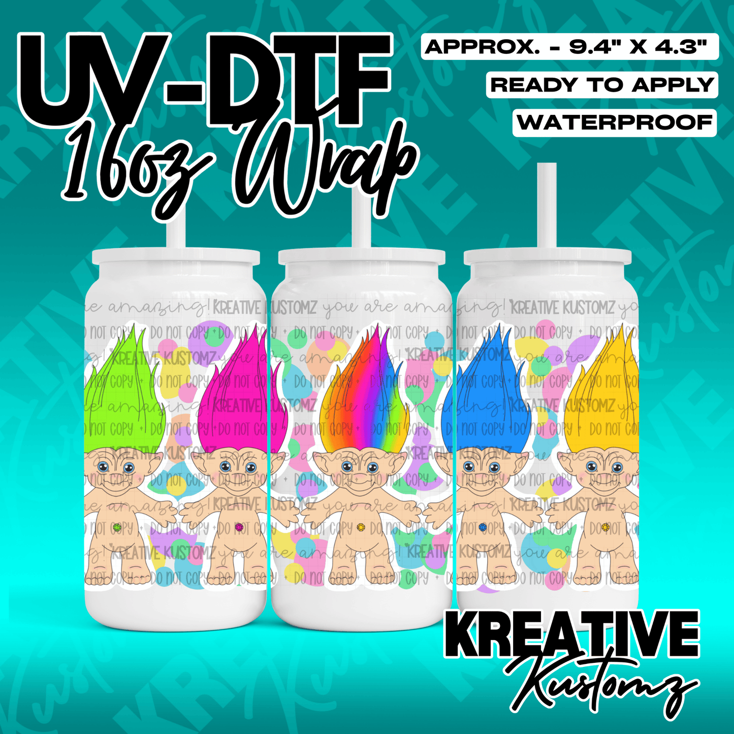 A UV DTF adhesive wrap for 16oz glass cans featuring a colorful pattern of nostalgic troll dolls.
