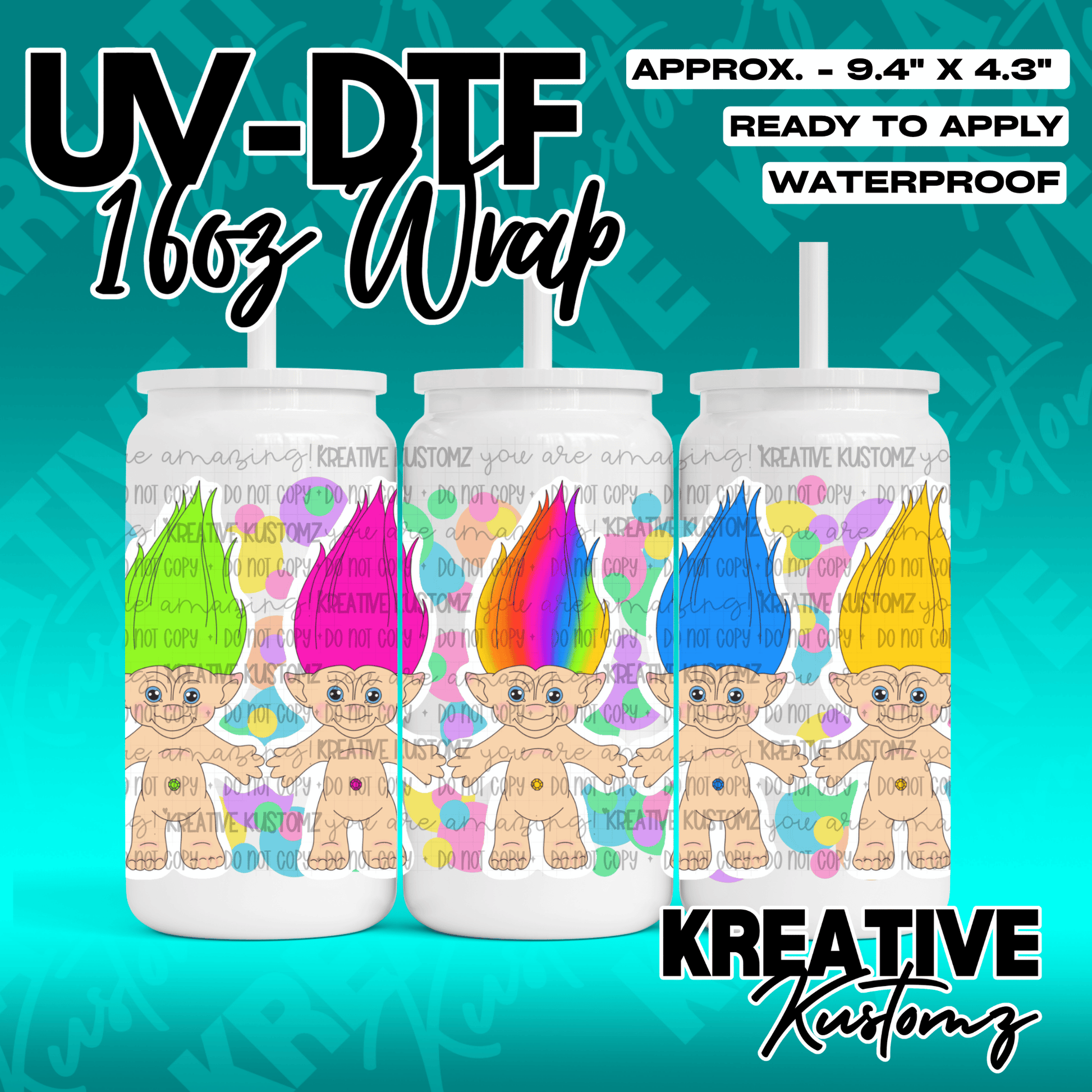 A UV DTF adhesive wrap for 16oz glass cans featuring a colorful pattern of nostalgic troll dolls.