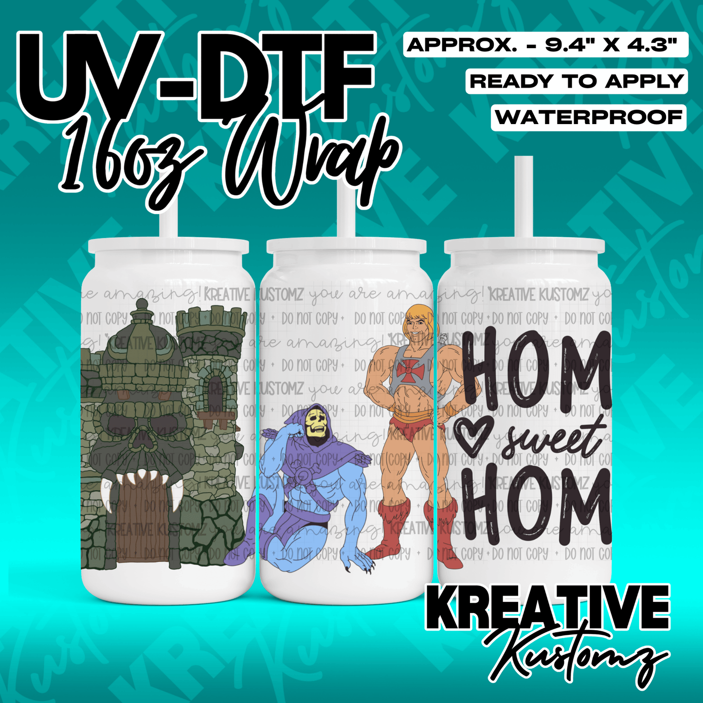A UV DTF adhesive wrap for 16oz glass cans featuring He-Man, Skeletor, and Castle Grayskull.