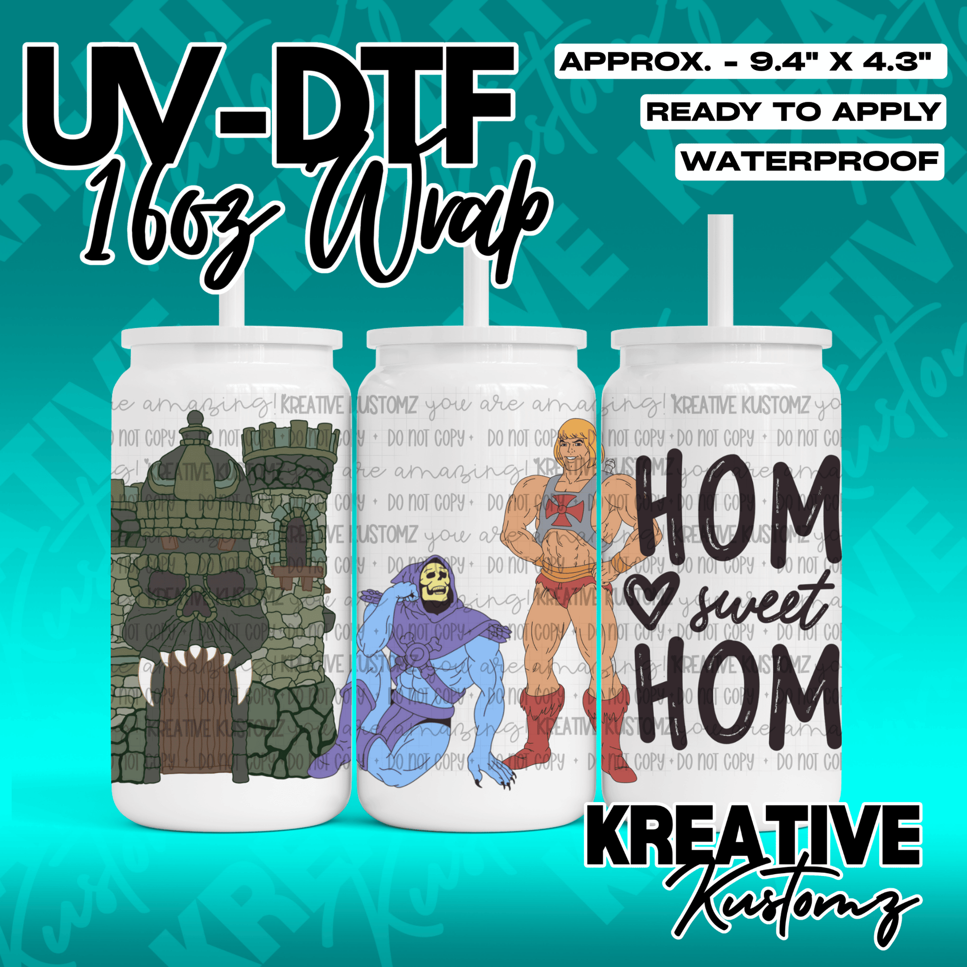 A UV DTF adhesive wrap for 16oz glass cans featuring He-Man, Skeletor, and Castle Grayskull.