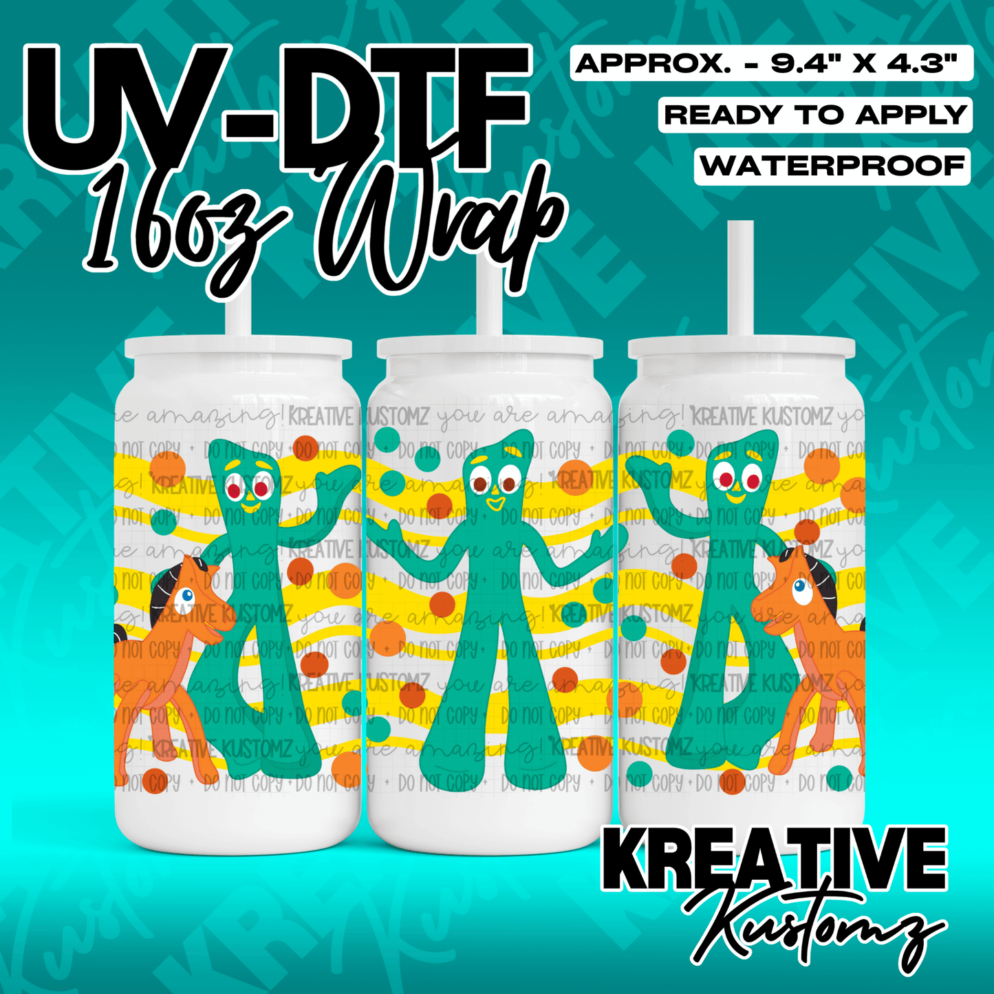 A UV DTF adhesive wrap for a 16oz glass can featuring a green clay character and a brown horse.