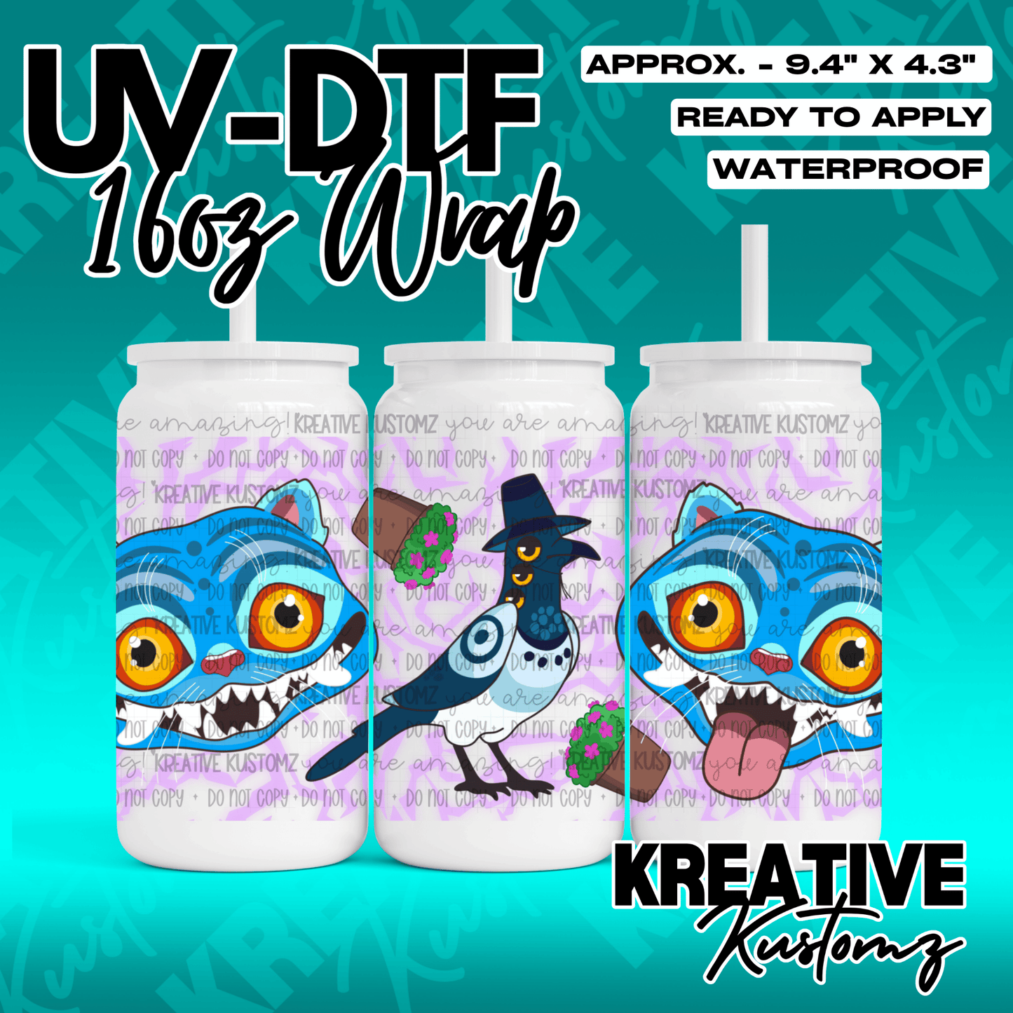 A UV DTF cup wrap featuring a blue cat and a bird in a hat on a patterned background.