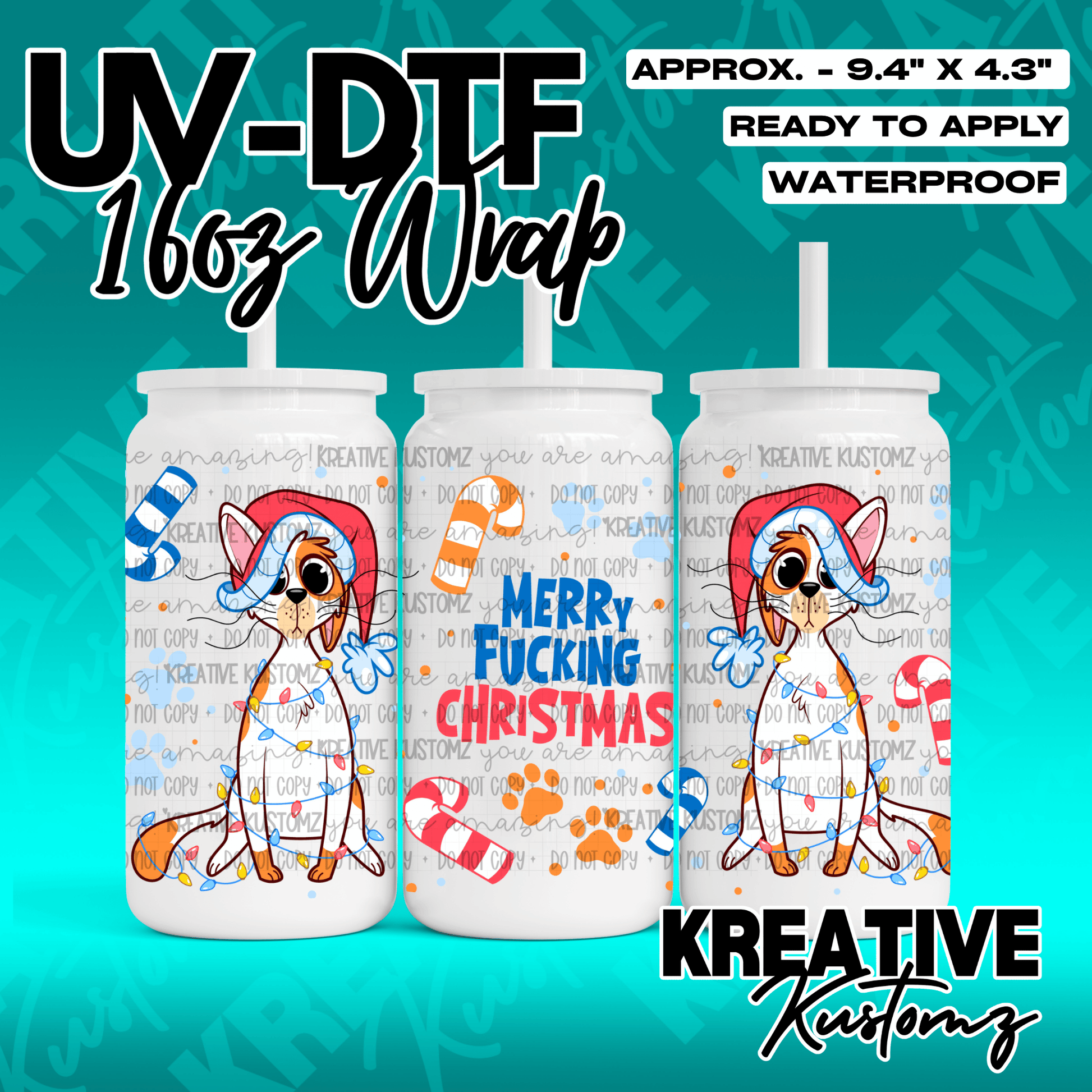 A festive Christmas UV DTF wrap for a 16oz glass cup featuring a cat in a Santa hat.
