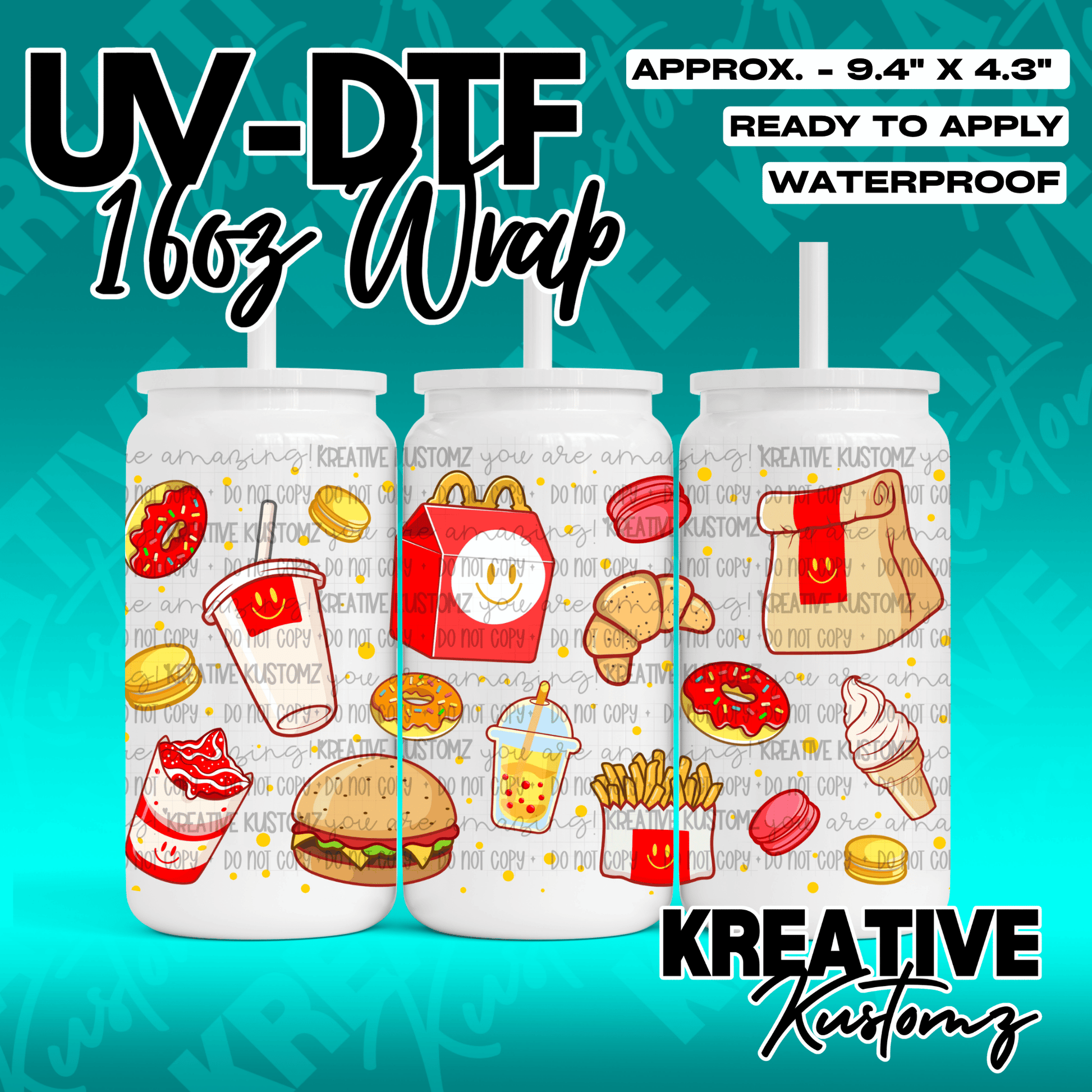 A UV DTF adhesive wrap for 16oz glass cans featuring a colorful fast food pattern.
