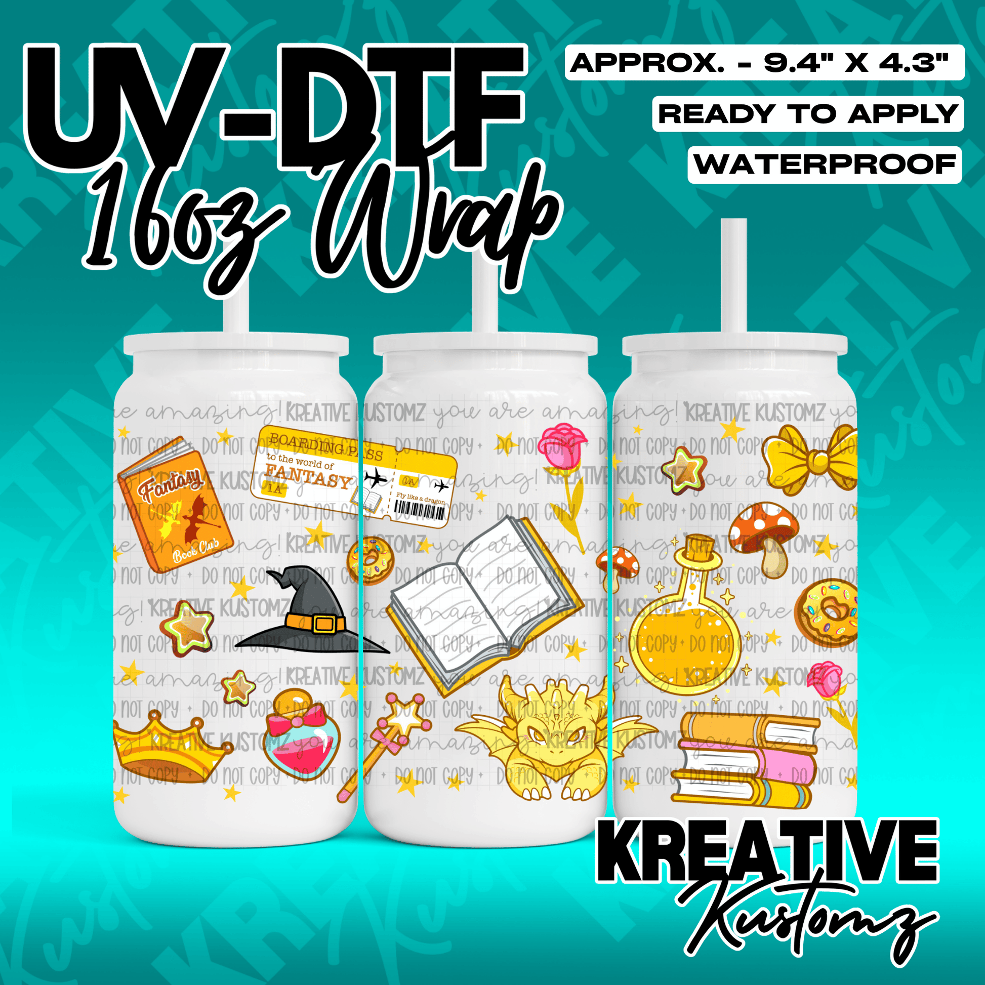 A fantasy-themed UV DTF adhesive wrap for 16oz glass cans featuring books, dragons, and magic items.