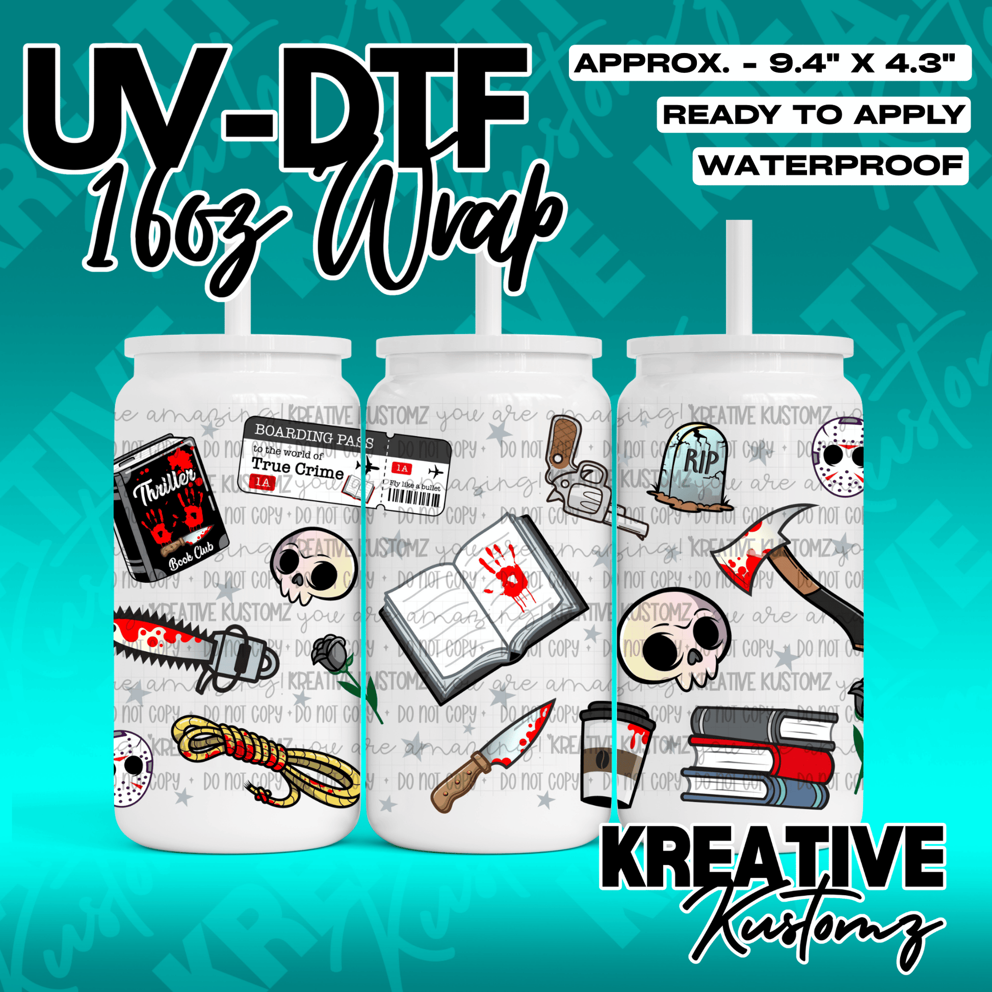 A true crime themed UV DTF adhesive wrap for 16oz glass cans featuring horror icons and books.