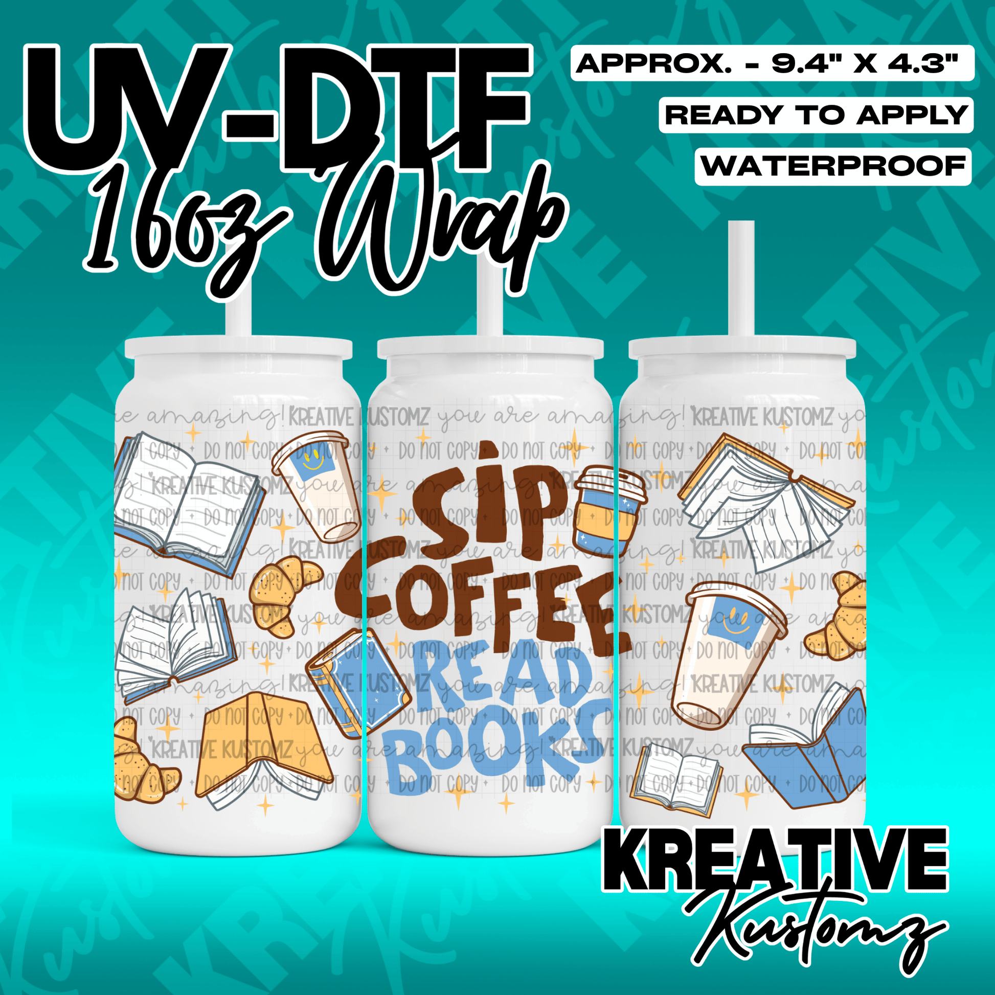 A UV DTF adhesive cup wrap featuring a coffee and book theme for 16oz glass cans.