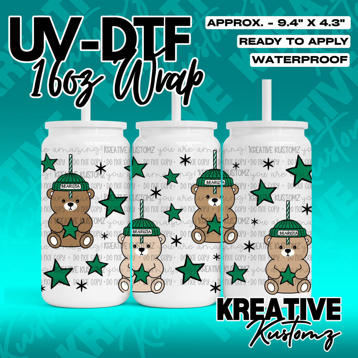 A UV DTF adhesive wrap for 16oz glass cans featuring a repeating pattern of bears in green hats.