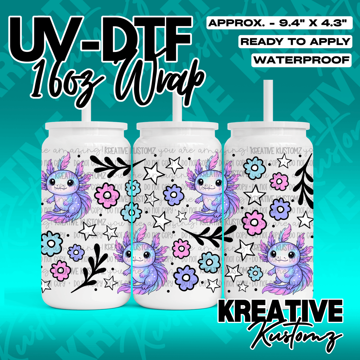 A UV DTF adhesive wrap for 16oz glass cans featuring a pattern of axolotls, flowers, and stars.