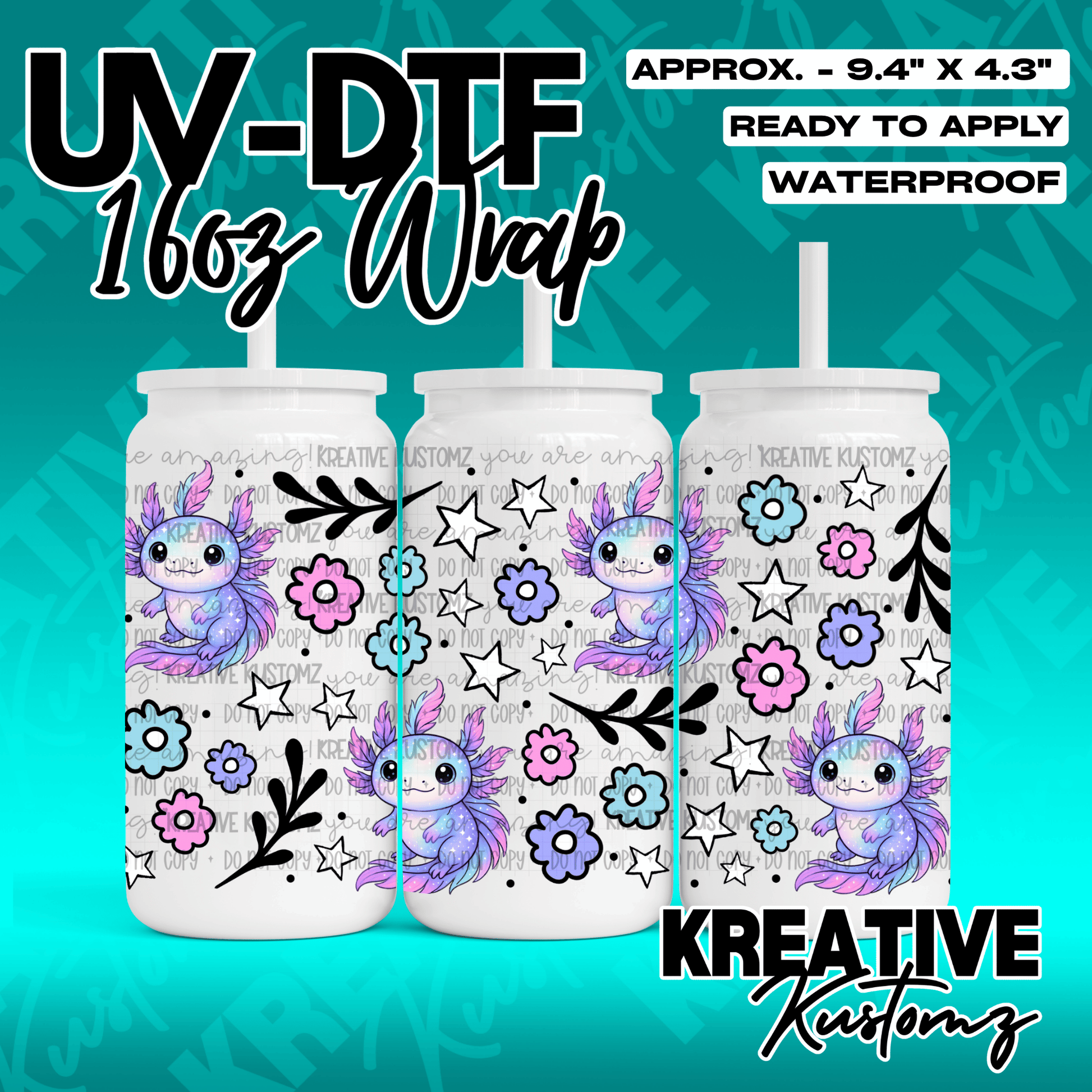 A UV DTF adhesive wrap for 16oz glass cans featuring a pattern of axolotls, flowers, and stars.