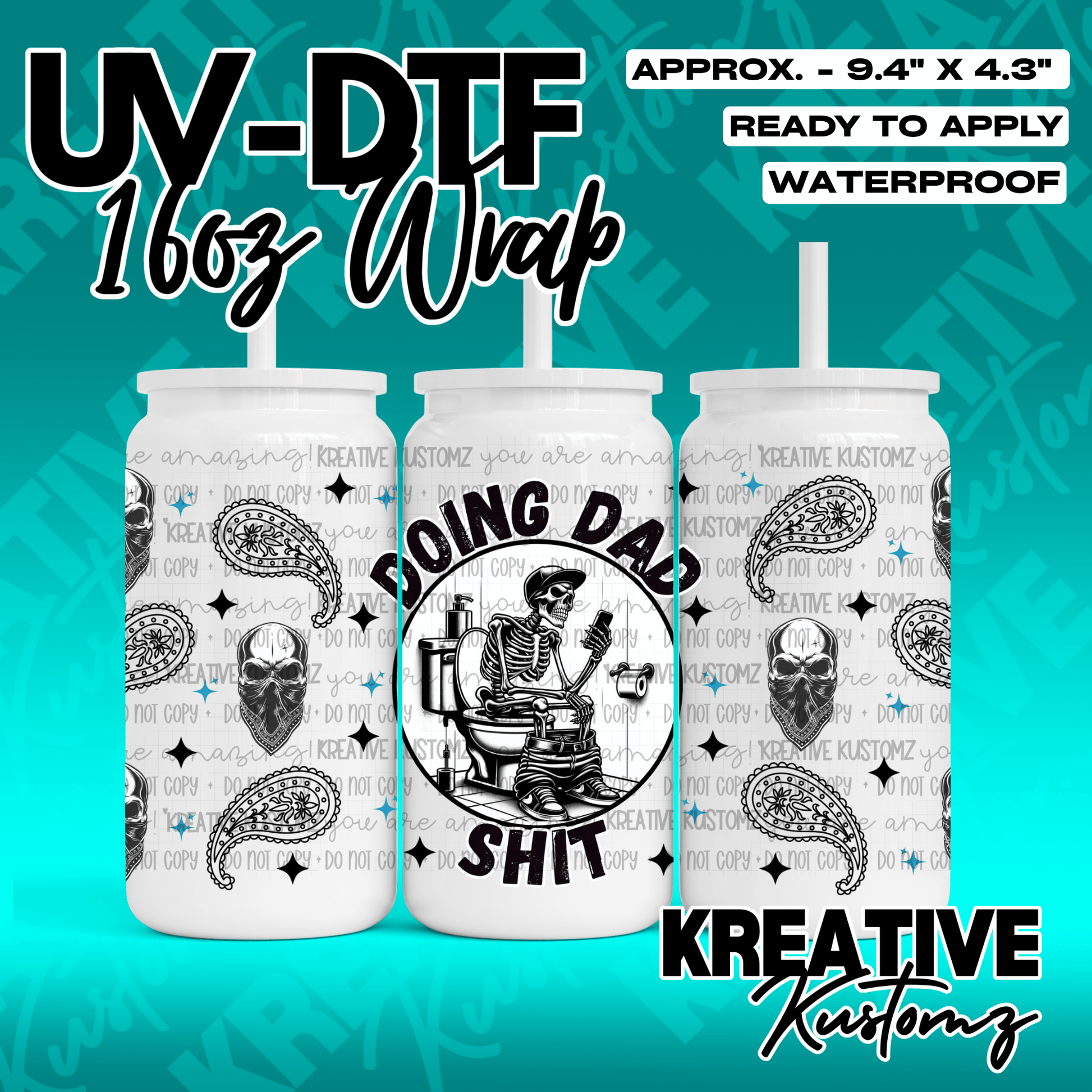 A UV DTF adhesive wrap for 16oz glass cans featuring a skeleton on a toilet and paisley patterns.