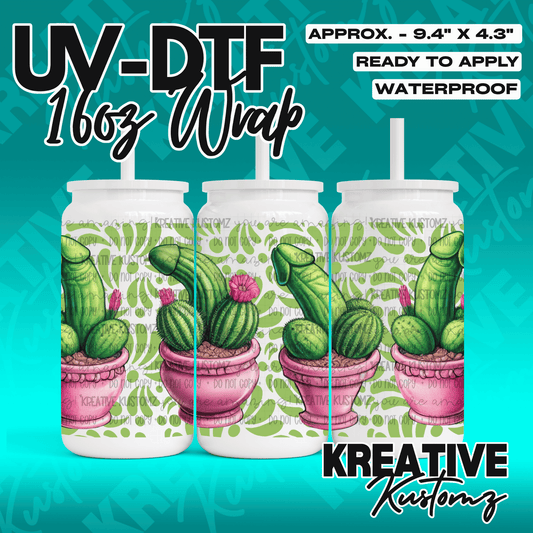 A UV DTF cup wrap featuring a cactus design in a pink pot for a 16oz glass can.