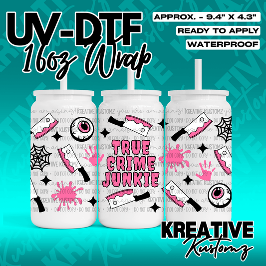 A true crime themed UV DTF adhesive wrap for a 16oz glass can featuring knives and eyeballs.