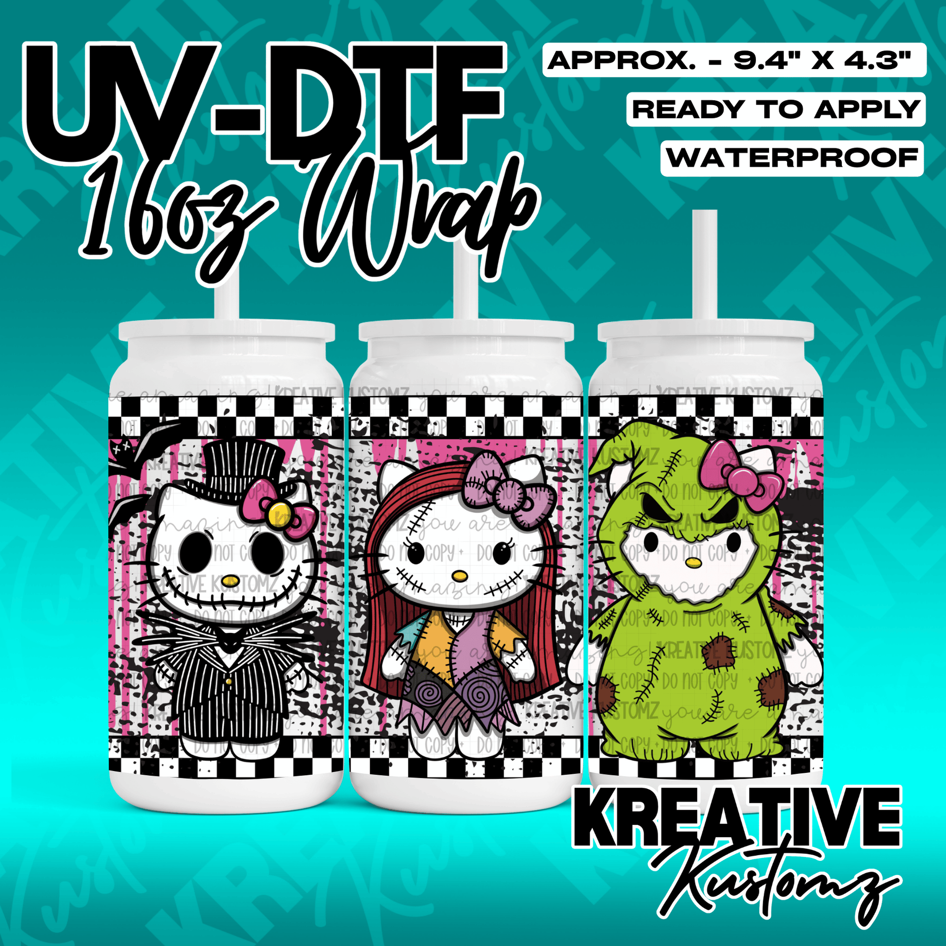 A UV DTF adhesive wrap for 16oz glass cans featuring Hello Kitty characters in Nightmare Before Christmas costumes.
