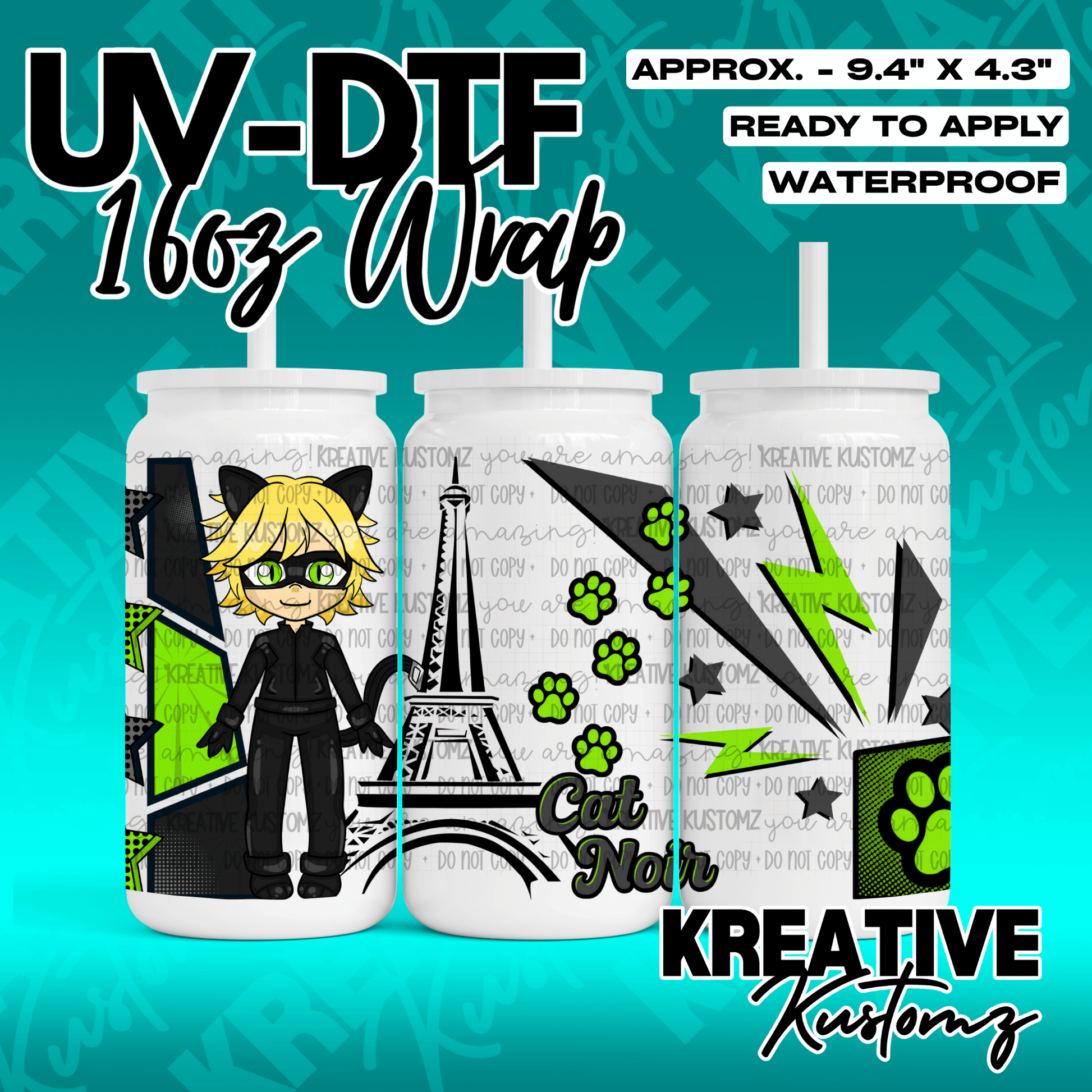 A Cat Noir themed UV DTF adhesive wrap for a 16oz glass can featuring Paris and paw print designs.