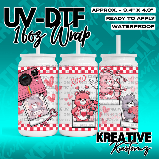 A Valentine themed UV DTF wrap for a 16oz glass can featuring Care Bears and camera designs.