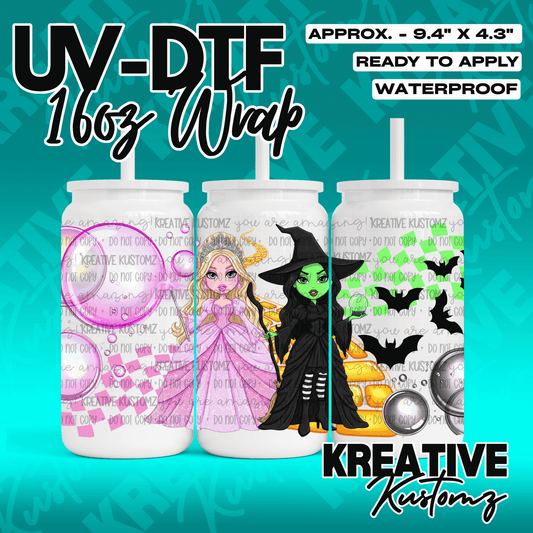 A UV DTF adhesive wrap for a 16oz glass cup featuring Glinda and the Wicked Witch of the West.