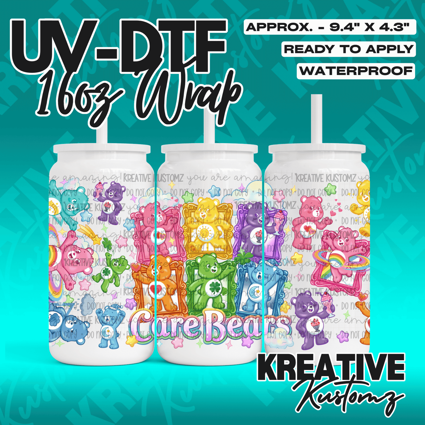 A colorful UV DTF adhesive wrap for a 16oz glass can featuring various Care Bears characters.
