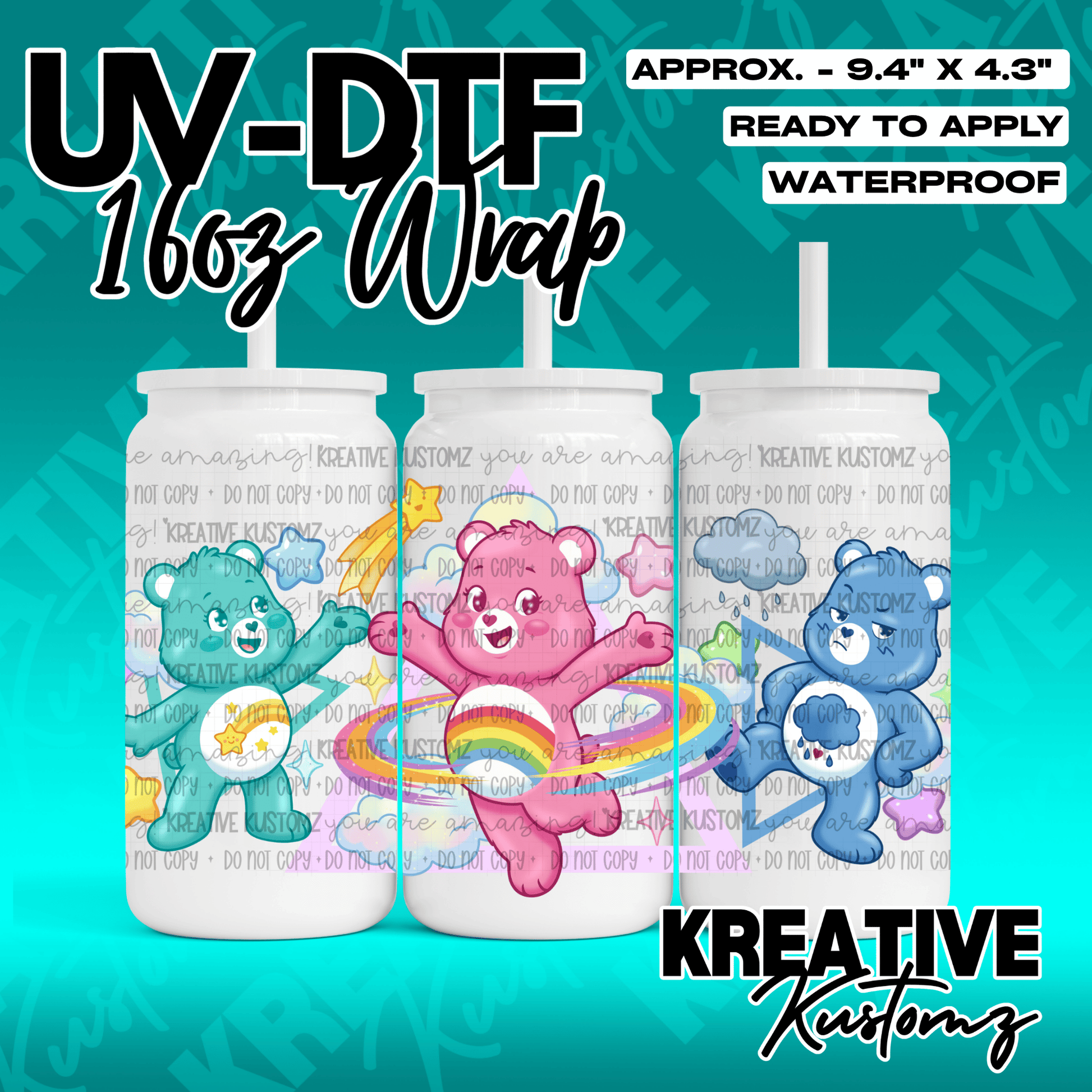 A UV DTF wrap for a 16oz glass can featuring colorful cartoon bears and celestial motifs.