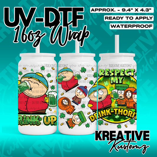 A South Park themed UV DTF wrap for a 16oz glass can featuring characters and St. Patrick's motifs.