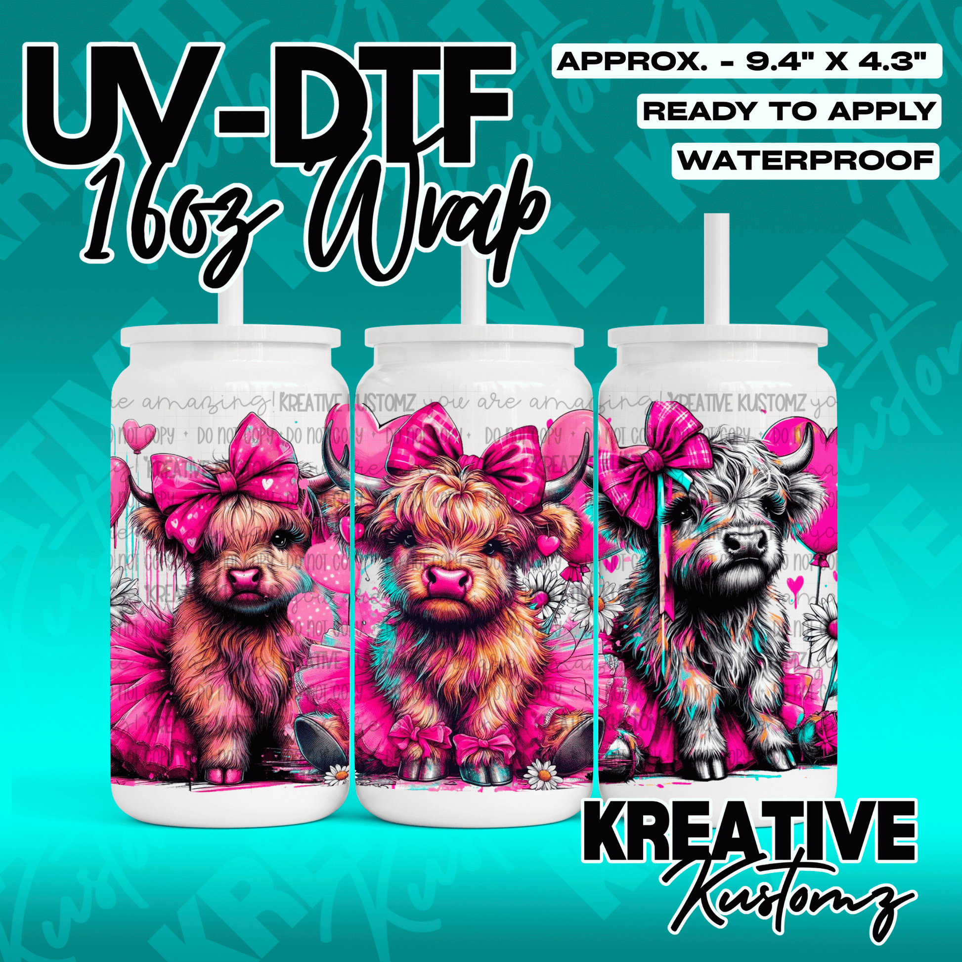 A UV DTF wrap for a 16oz glass can featuring three illustrations of highland cows with pink bows.