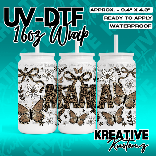 A UV DTF adhesive wrap for 16oz glass cans featuring a leopard print Mama design with butterflies.