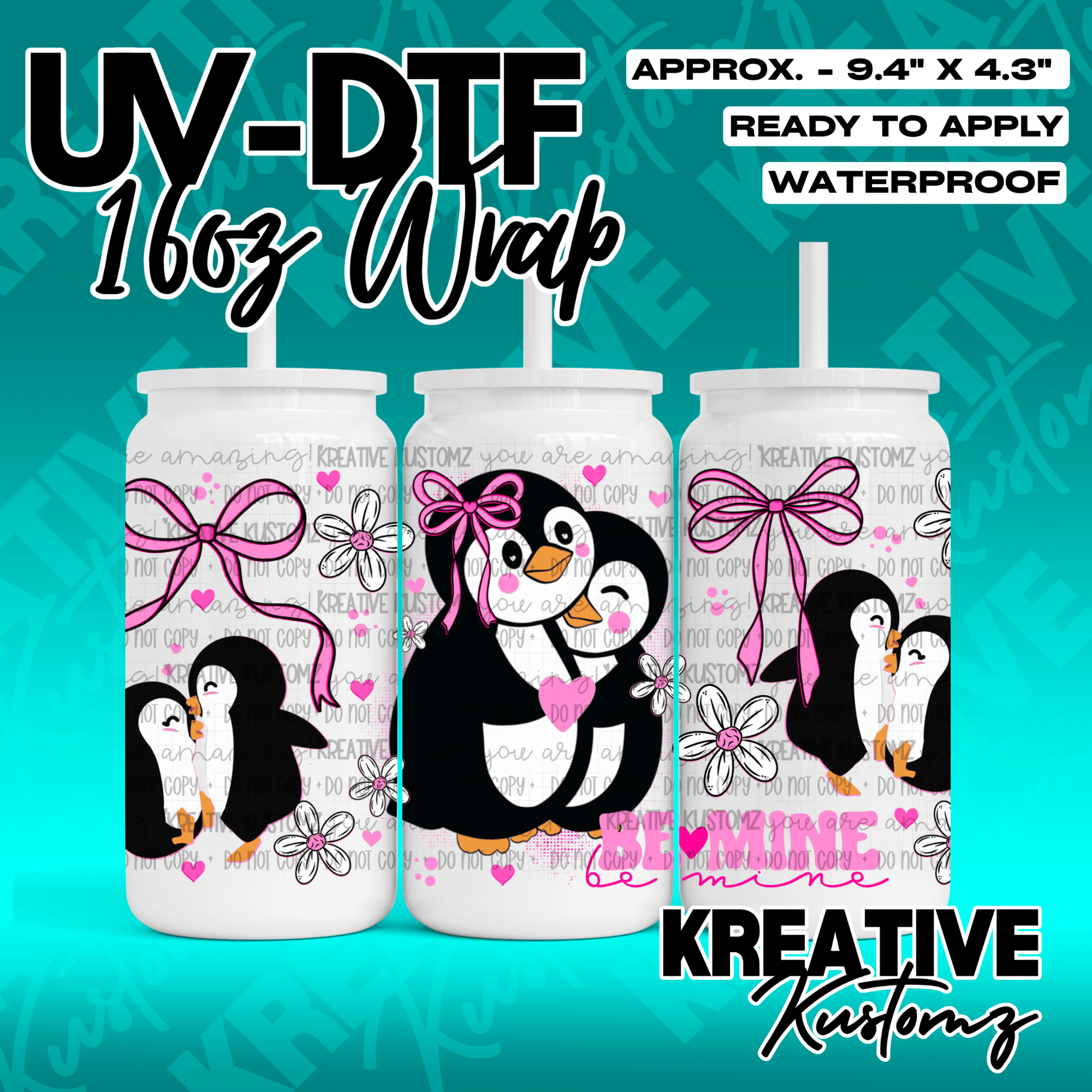 A UV DTF cup wrap decal featuring penguins, pink bows, and flowers for a 16oz glass can.
