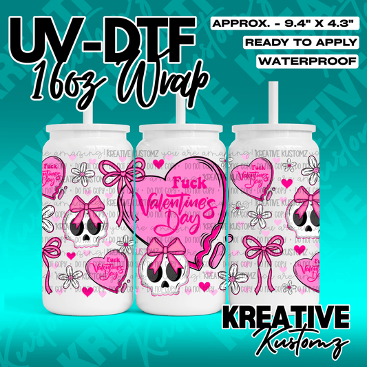 A Valentine's themed UV DTF adhesive wrap featuring skulls, hearts, and bows for 16oz glass cans.