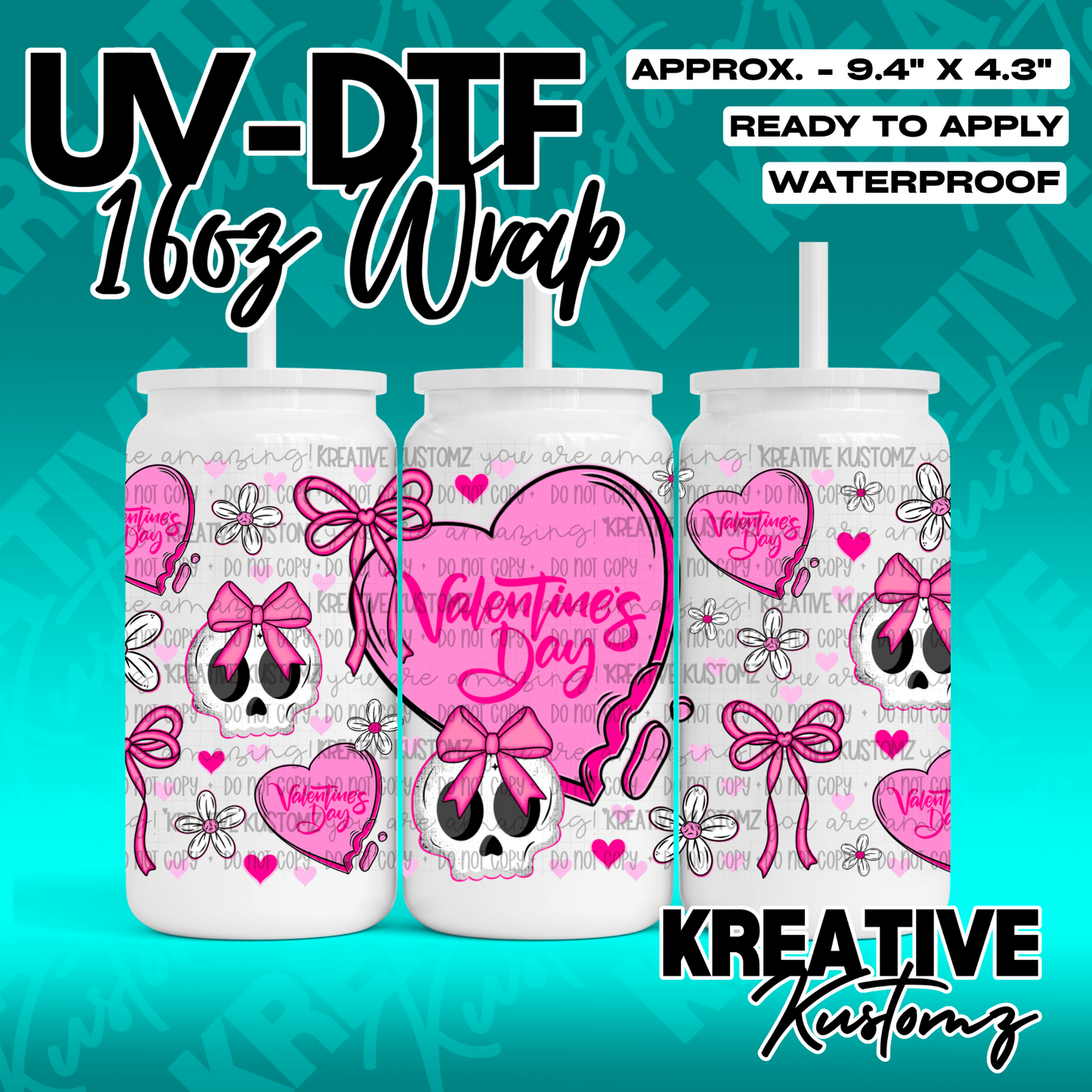 A Valentine's themed UV DTF adhesive wrap featuring pink hearts, skulls, and bows for glass cups.