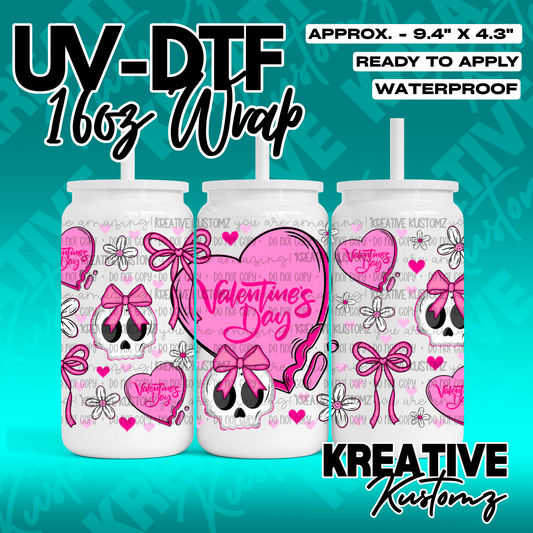 A Valentine's themed UV DTF adhesive wrap featuring pink hearts, skulls, and bows for glass cups.